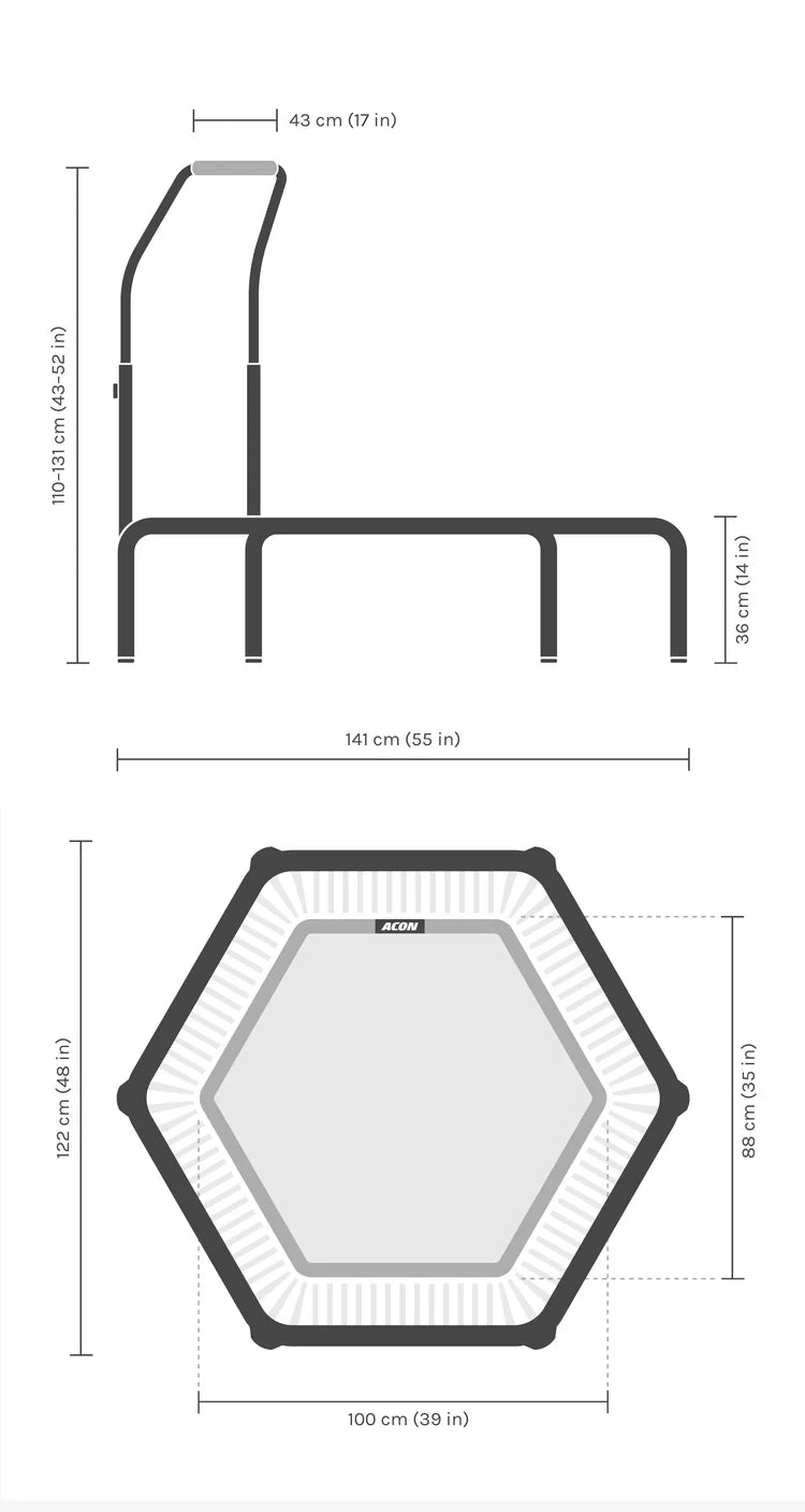 Dimensions du trampoline Acon FIT Active hexagonal.