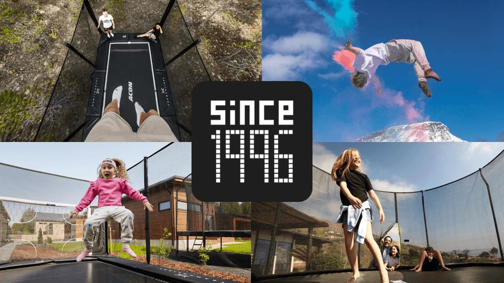 Collage de personnes sautant sur des trampolines Acon avec le badge « Since 1996 », soulignant l’héritage de la marque.