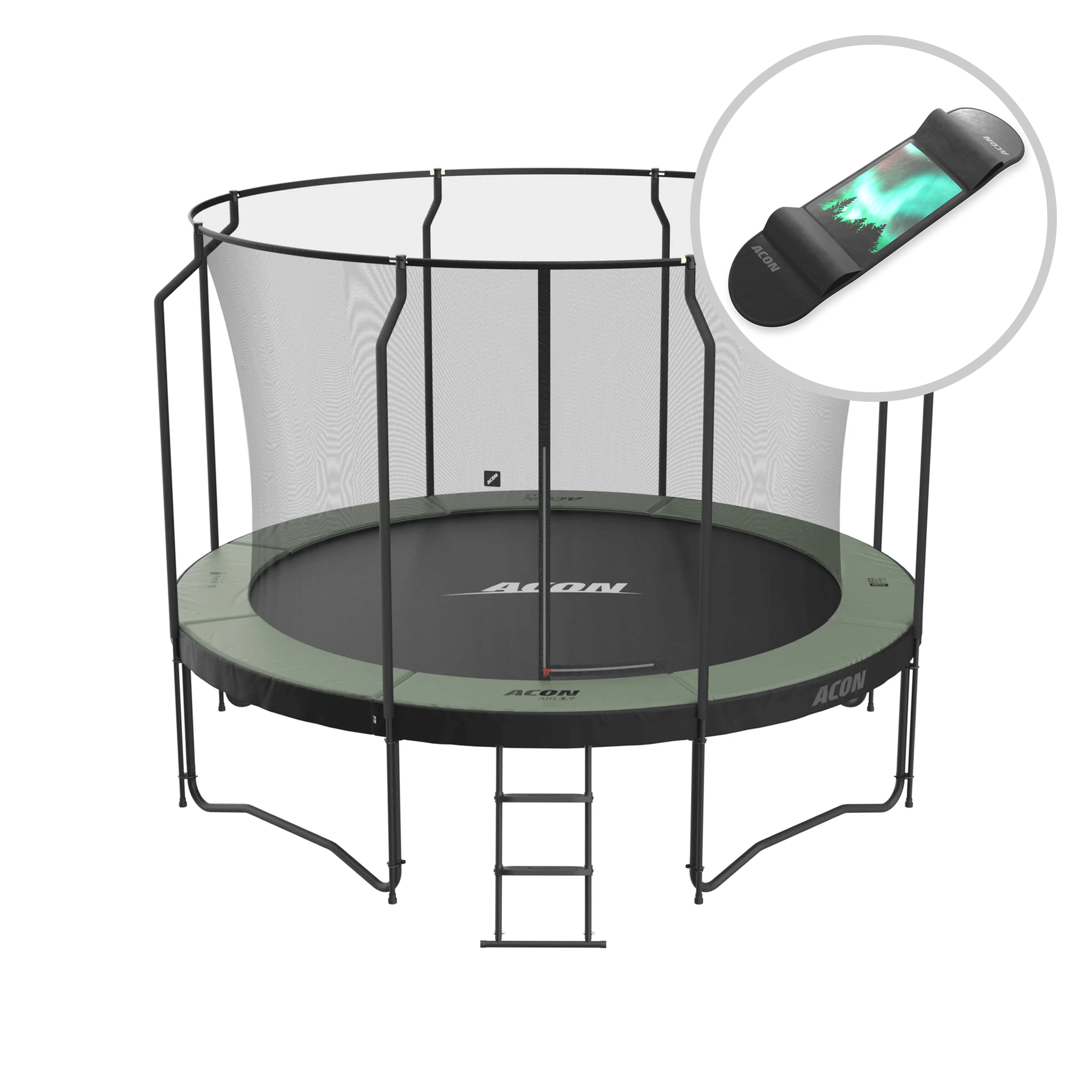 Trampoline ACON Air 3,7m avec enceinte Premium et échelle + Skateboard.