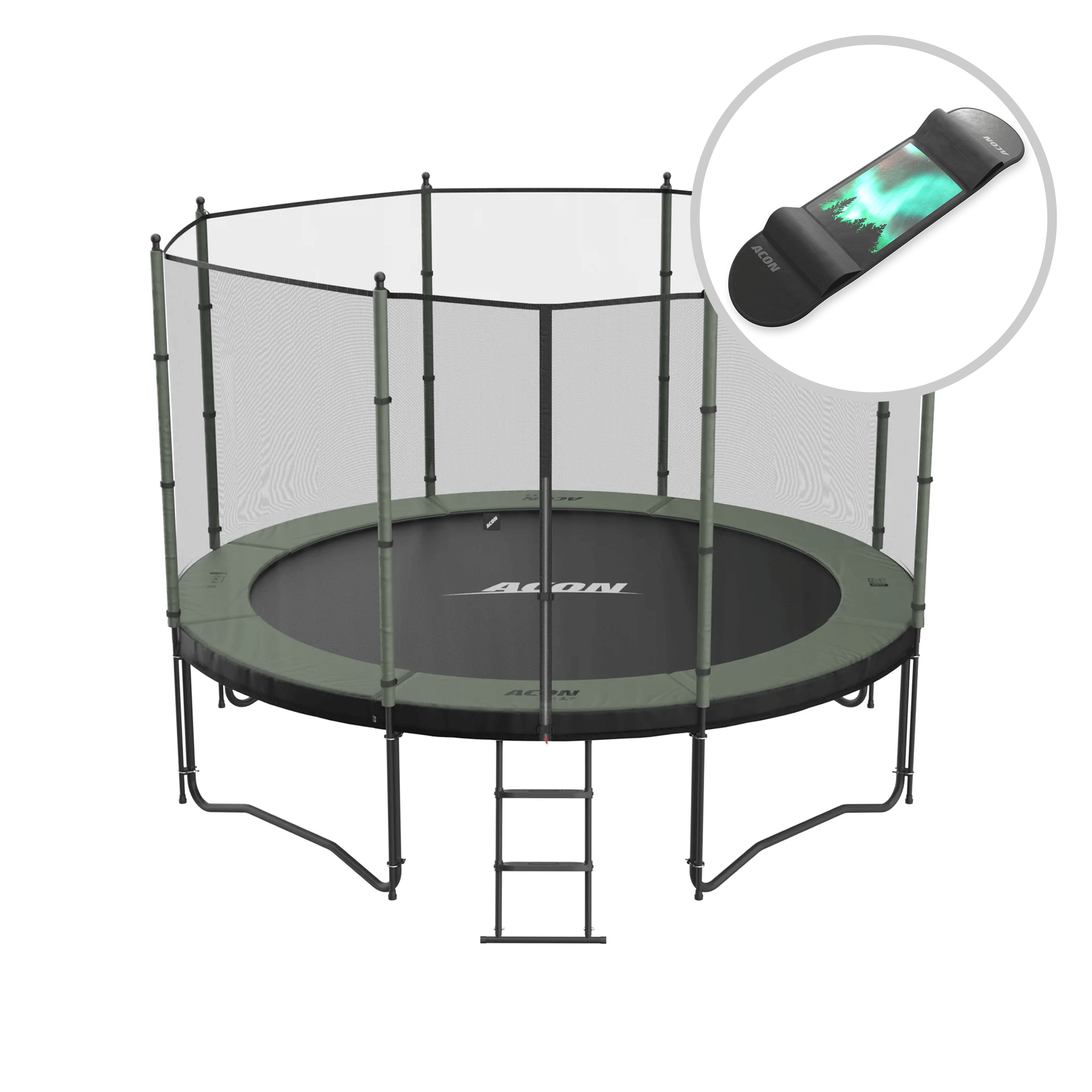 Trampoline ACON Air 3,7m avec abri standard et échelle + Skateboard.