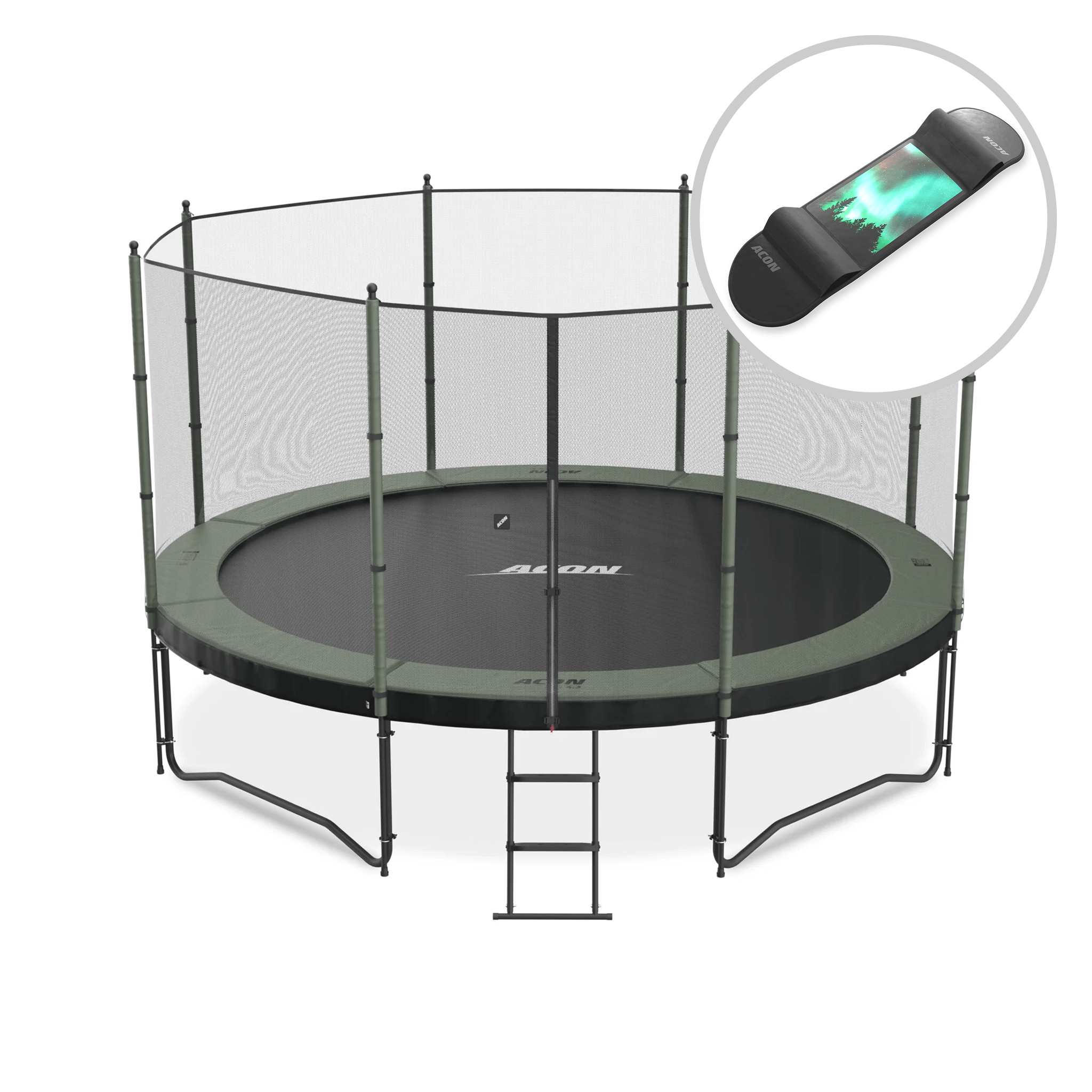 Trampoline ACON Air 4,3m avec enceinte standard et échelle + Skateboard.