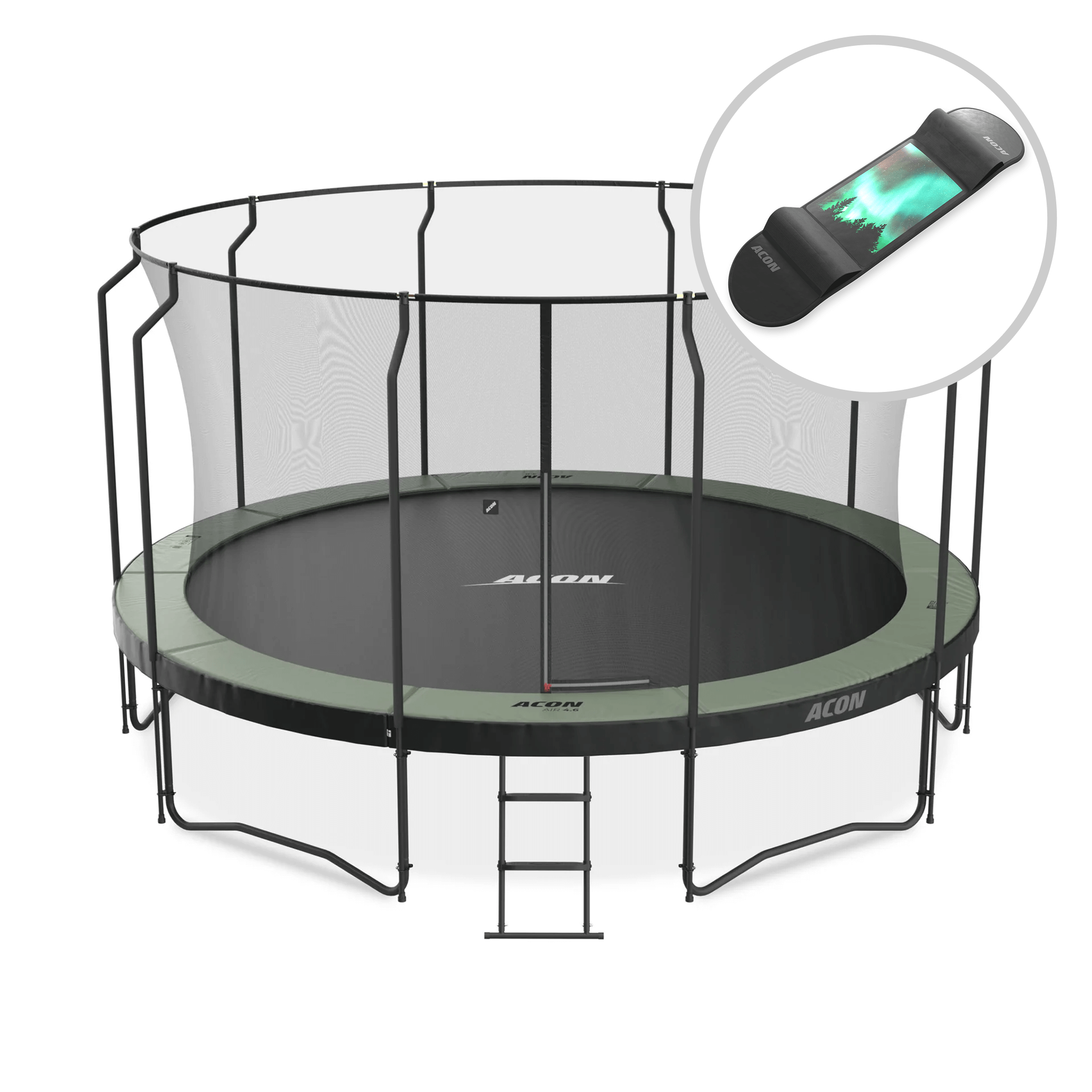 Trampoline ACON Air 4,6m avec enceinte Premium et échelle + Skateboard.