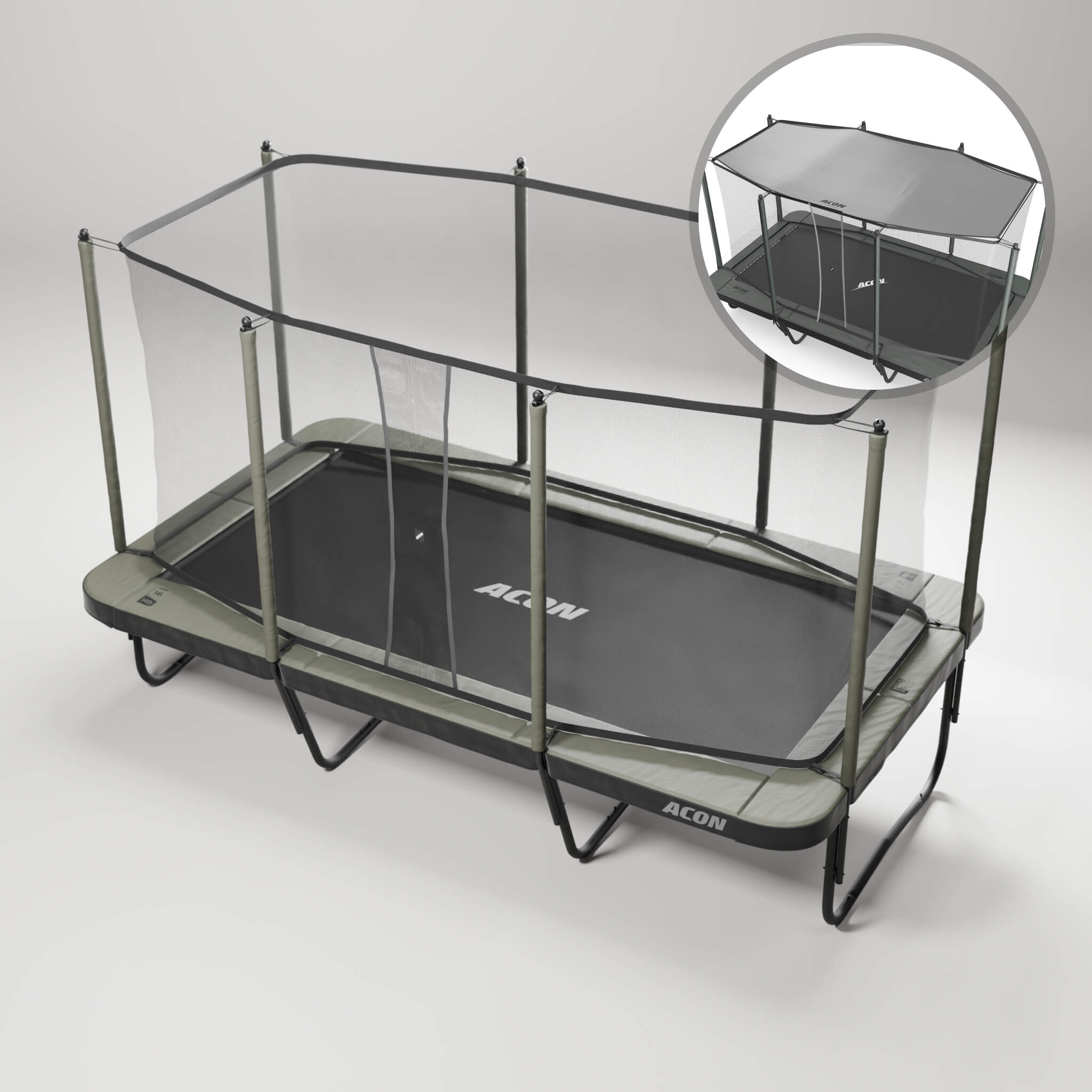 Trampoline ACON 16 HD, filet de sécurité et echelle + Voile d’ombrage.