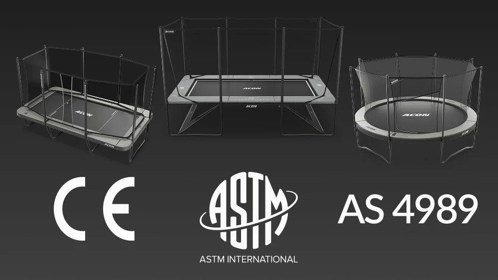 Trois modèles de trampolines Acon accompagnés des certifications CE, ASTM et AS 4989.