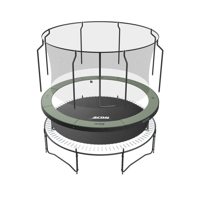 Une image éclatée du trampoline rond Acon avec filet premium