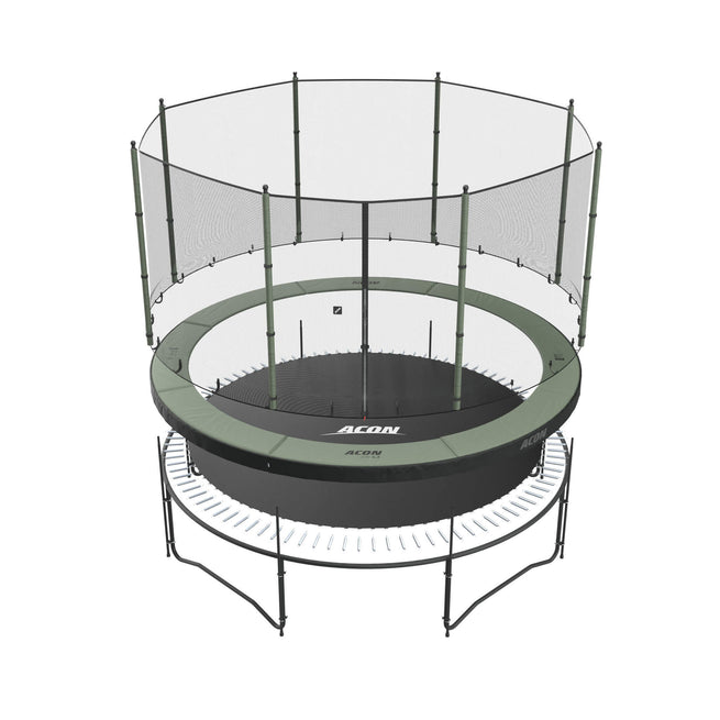 Une image éclatée du trampoline rond Acon avec filet standard