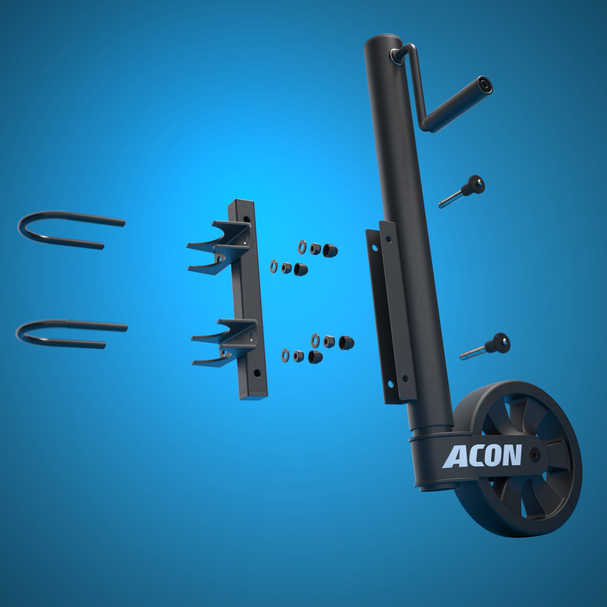 Vue éclatée d’une roulette pour trampoline Acon : conception et composants.