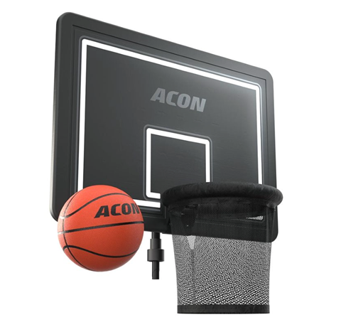 Image produit du ballon de basket Acon, orange et de style professionnel, à côté d’un panier pour trampolines ronds, tous deux sur fond blanc.