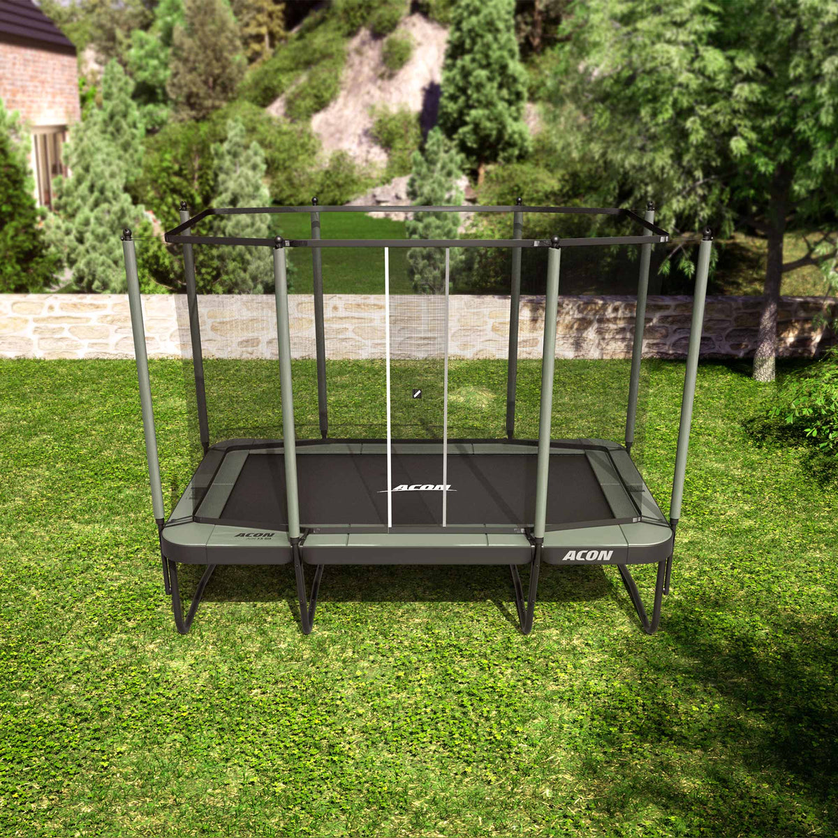 Trampoline Acon 13 Sport HD, dans un jardin.