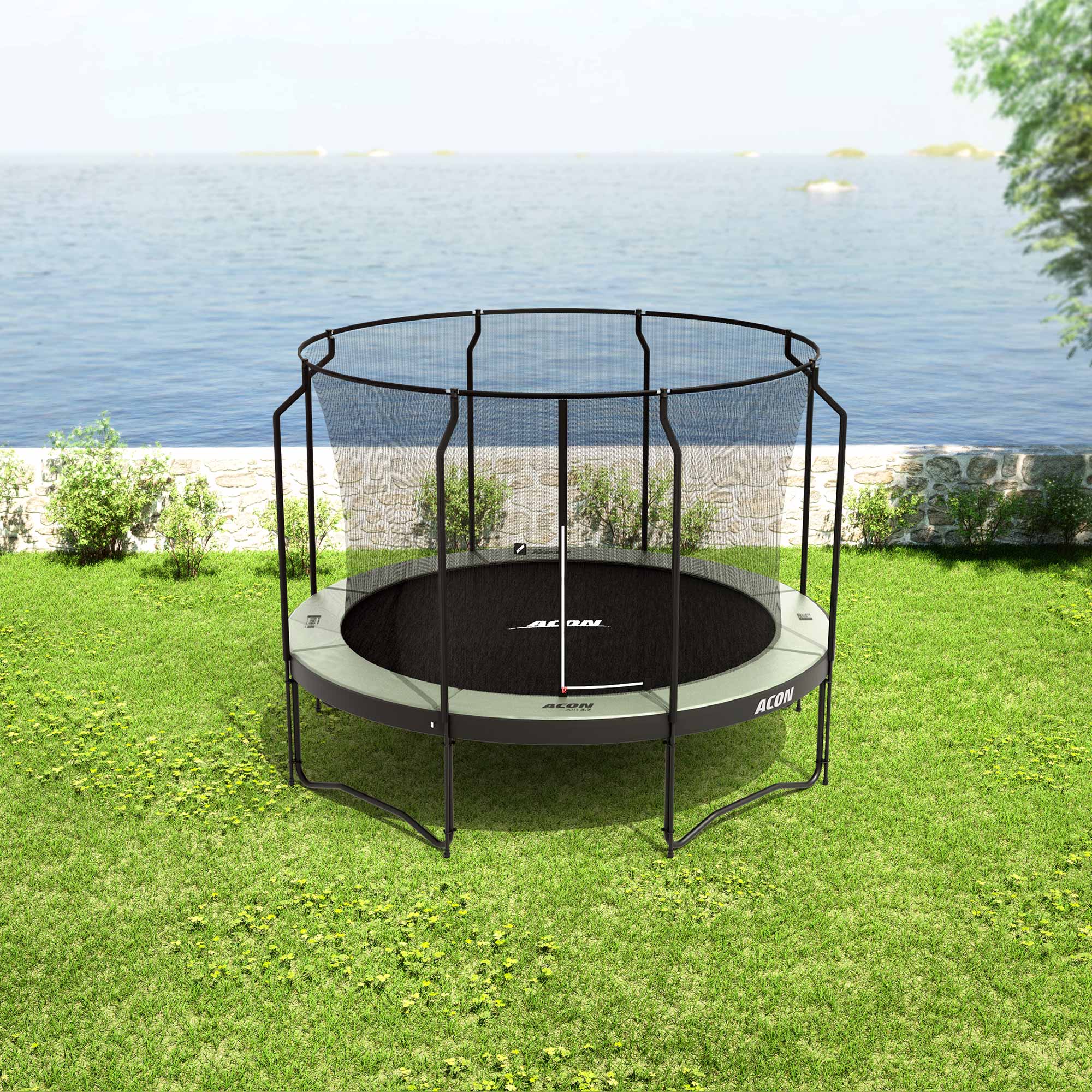 Trampoline ACON Air 3,7m avec enceinte Premium dans le jardin.