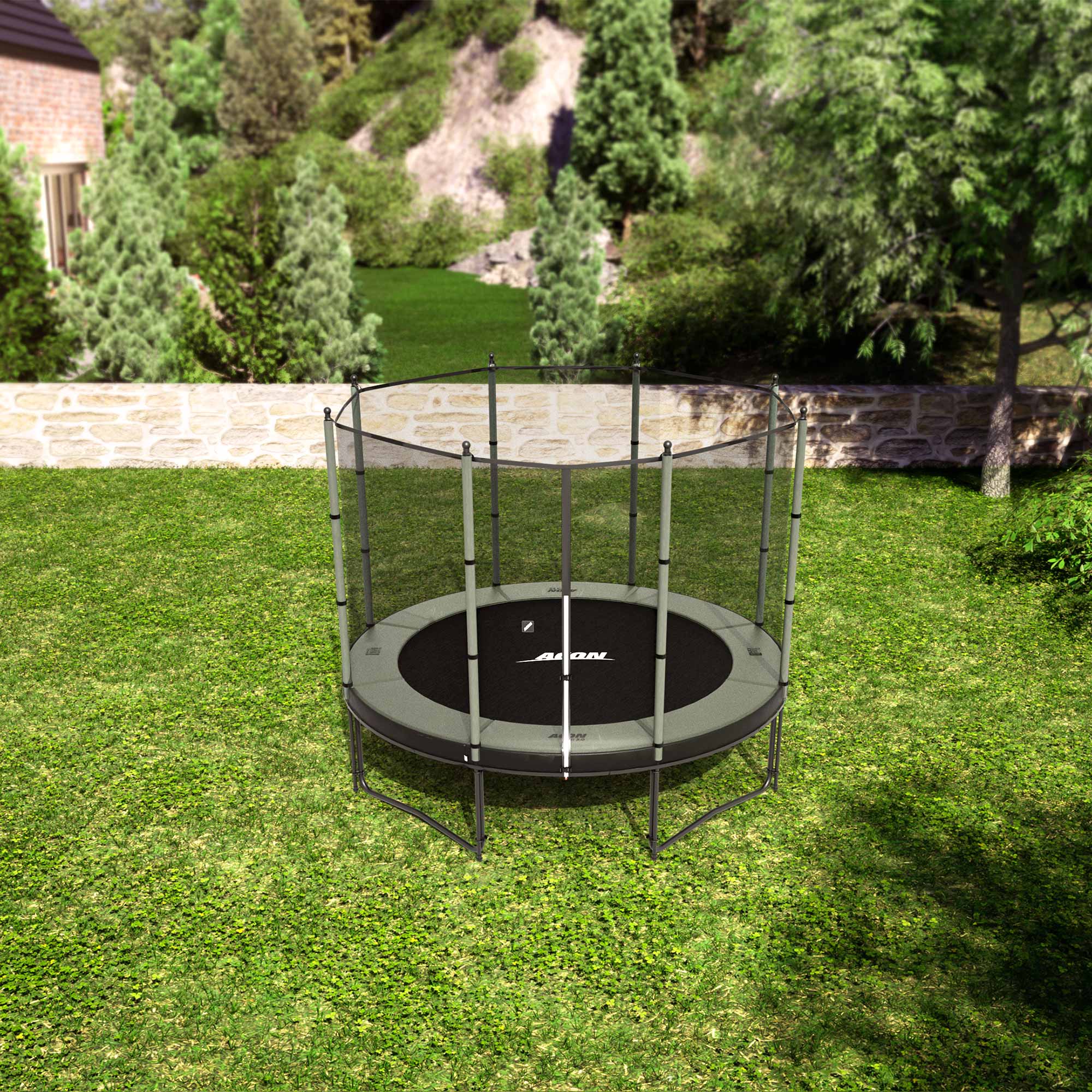 Trampoline ACON Air 3,0m avec enceinte standard dans l'arrière-cour.