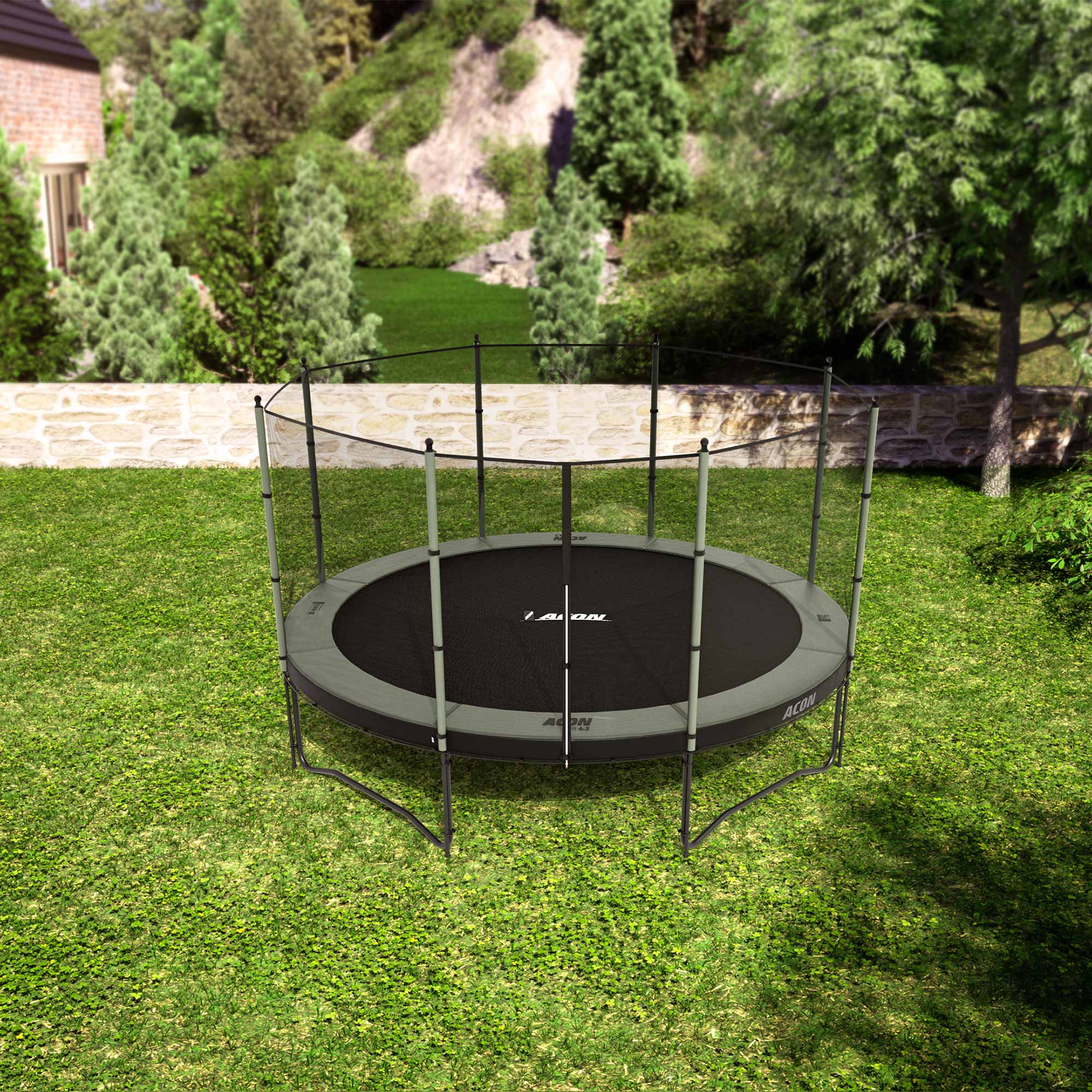Trampoline ACON Air 4,3m avec enceinte standard dans l'arrière-cour.