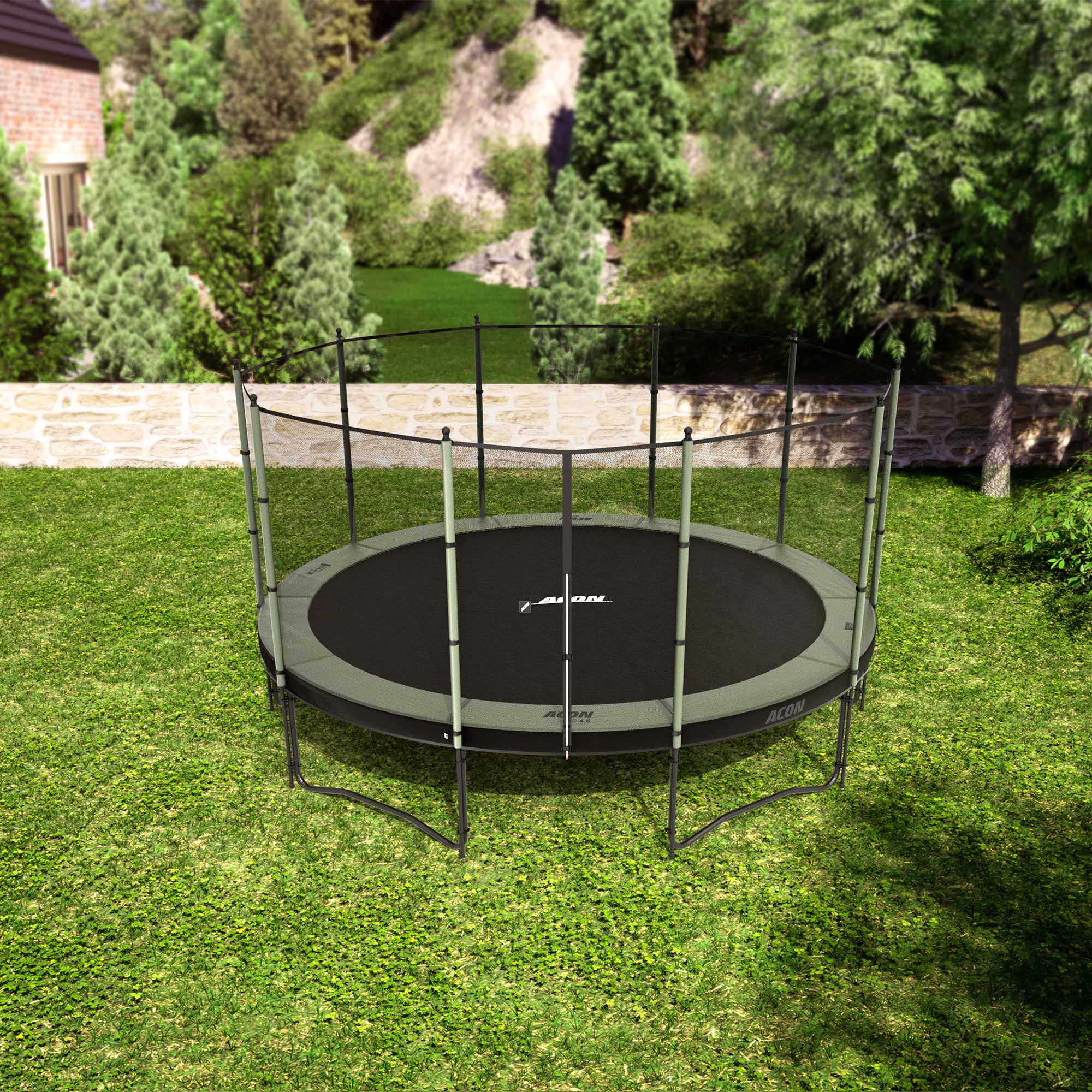 Trampoline ACON Air 4,6m avec enceinte standard dans le jardin.