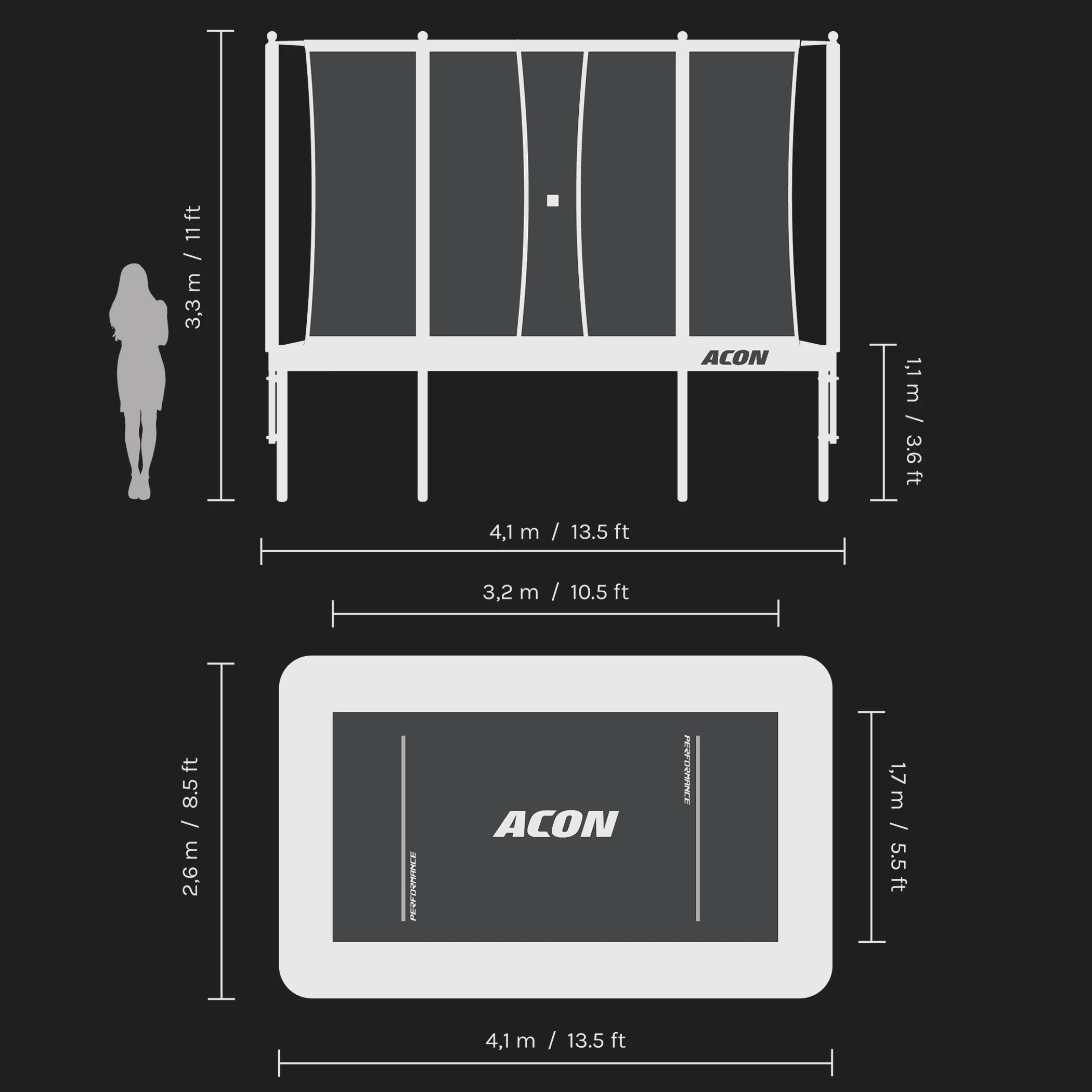Dessins d'observation des dimensions du trampoline ACON 13 HD PRO.