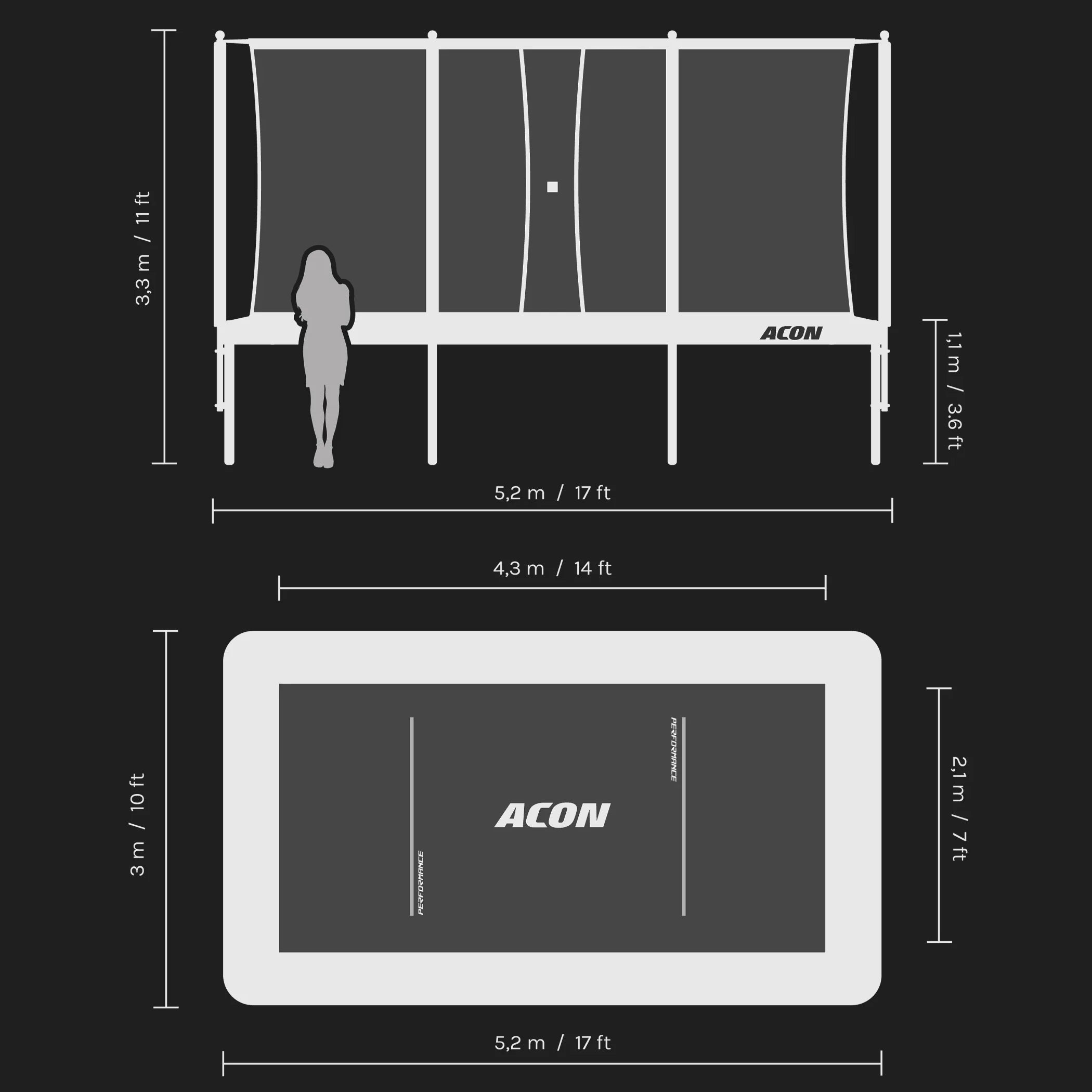 Dessins d'observation des dimensions du trampoline ACON 16 HD PRO.