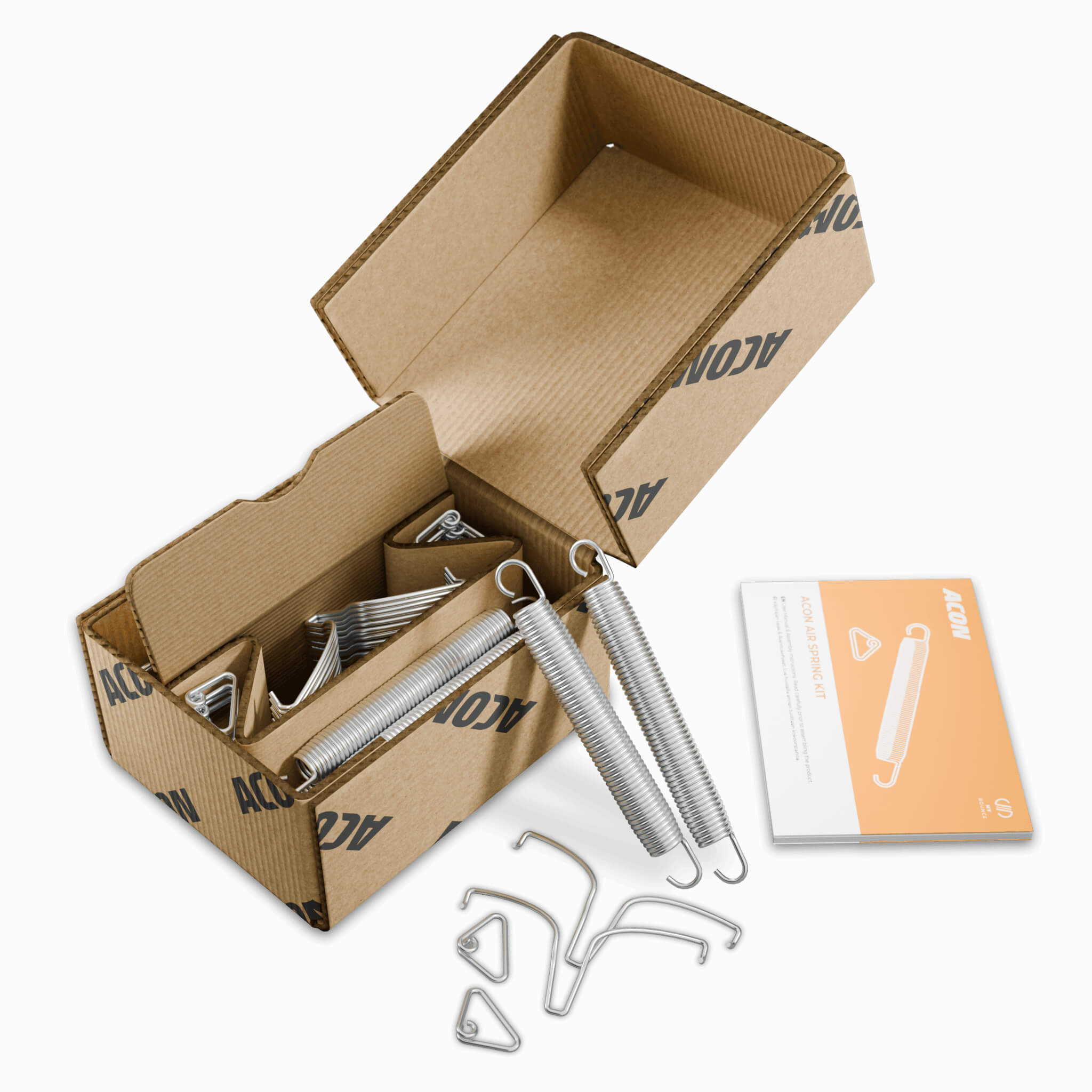 Kit de ressorts Acon Air comprenant des ressorts, des crochets et des anneaux en V. Ajoute des ressorts supplémentaires pour renforcer le soutien et augmenter la capacité de charge. En savoir plus sur cette mise à niveau.