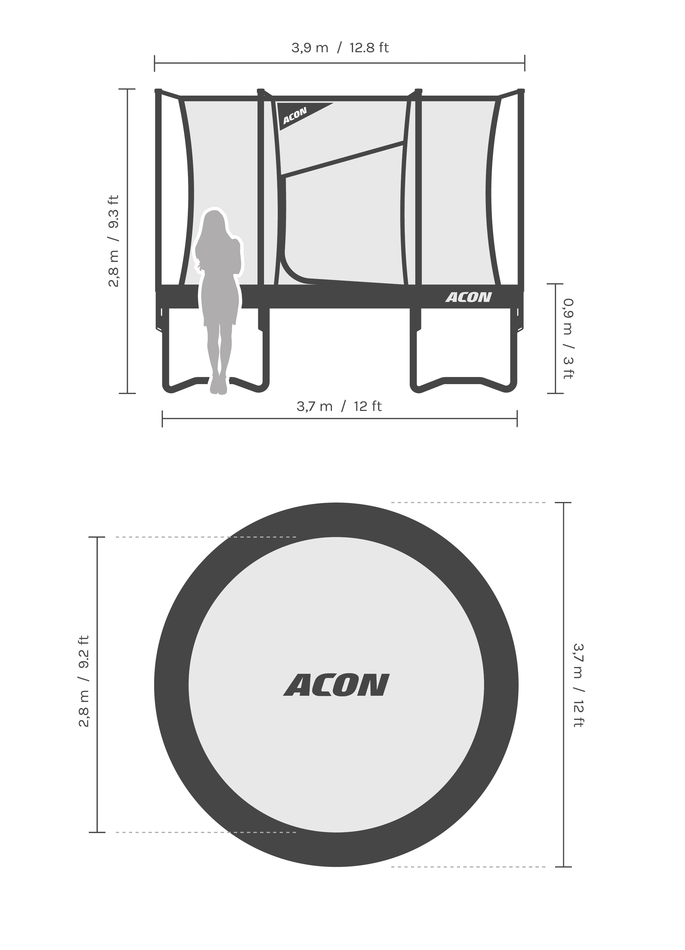 Dimensions et proportions du trampoline Acon Air 3,7 m.