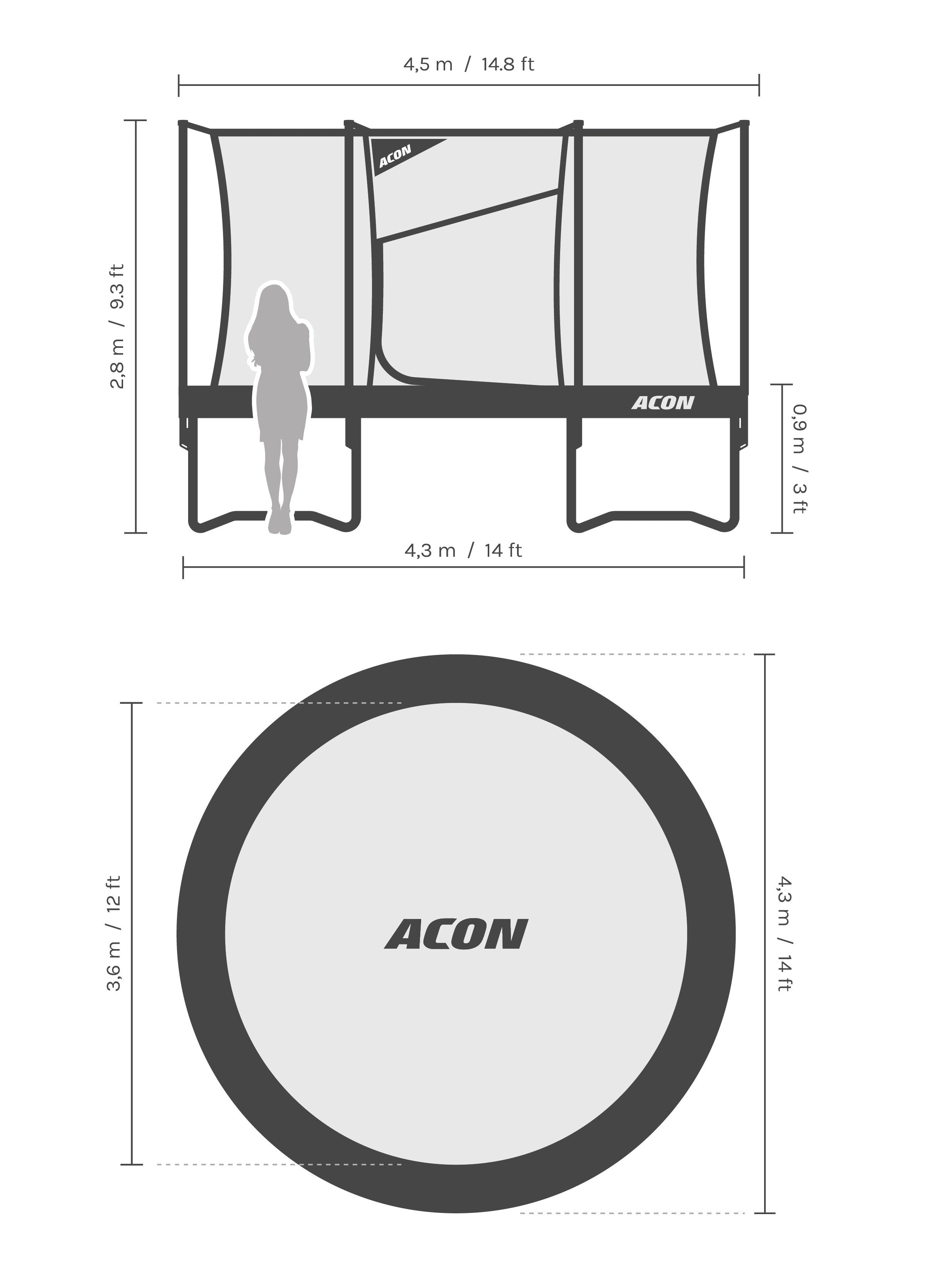 Dimensions et proportions du trampoline Acon Air 4,3 m.