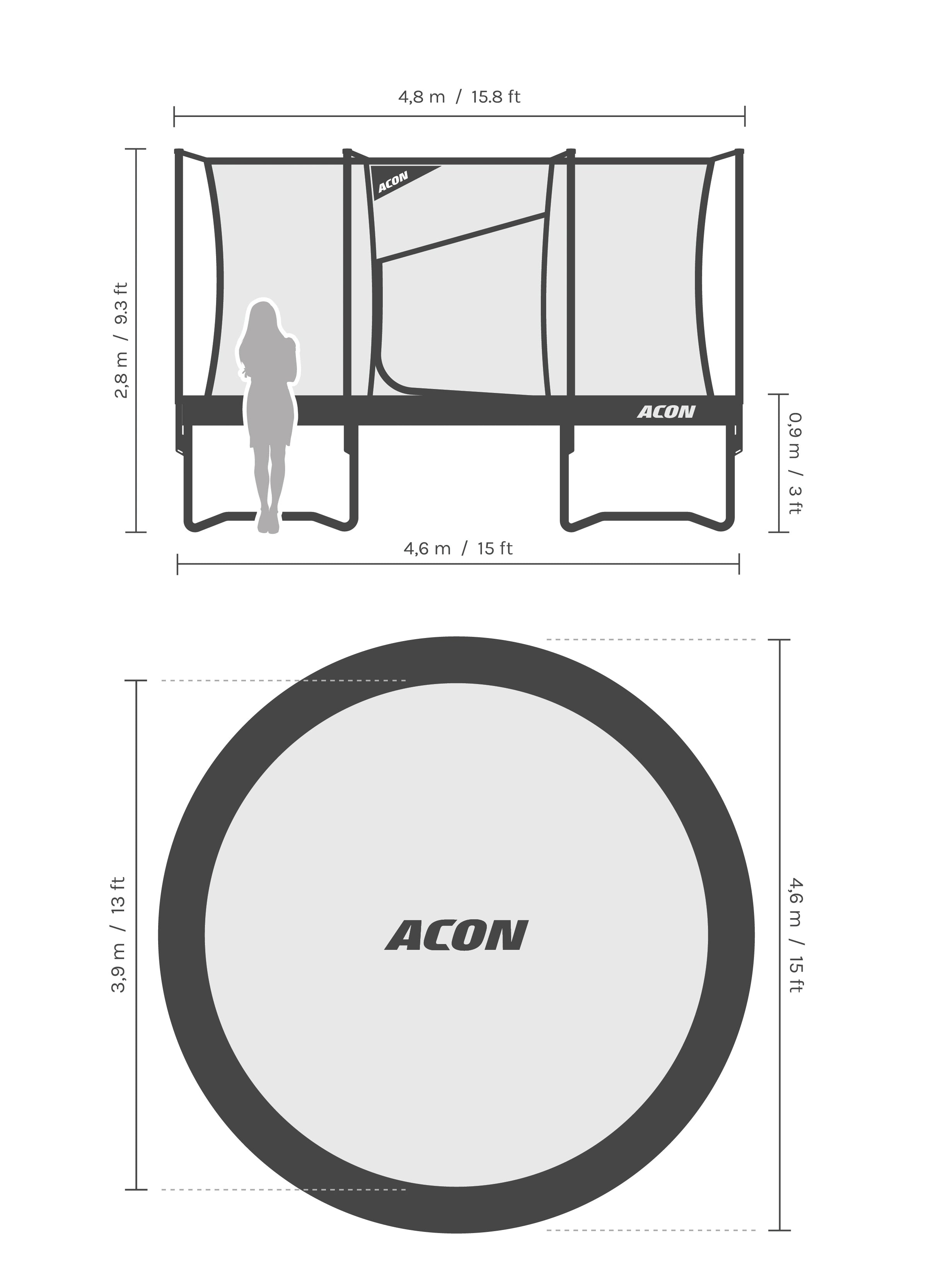 Dimensions et proportions du trampoline Acon Air 4,6 m.