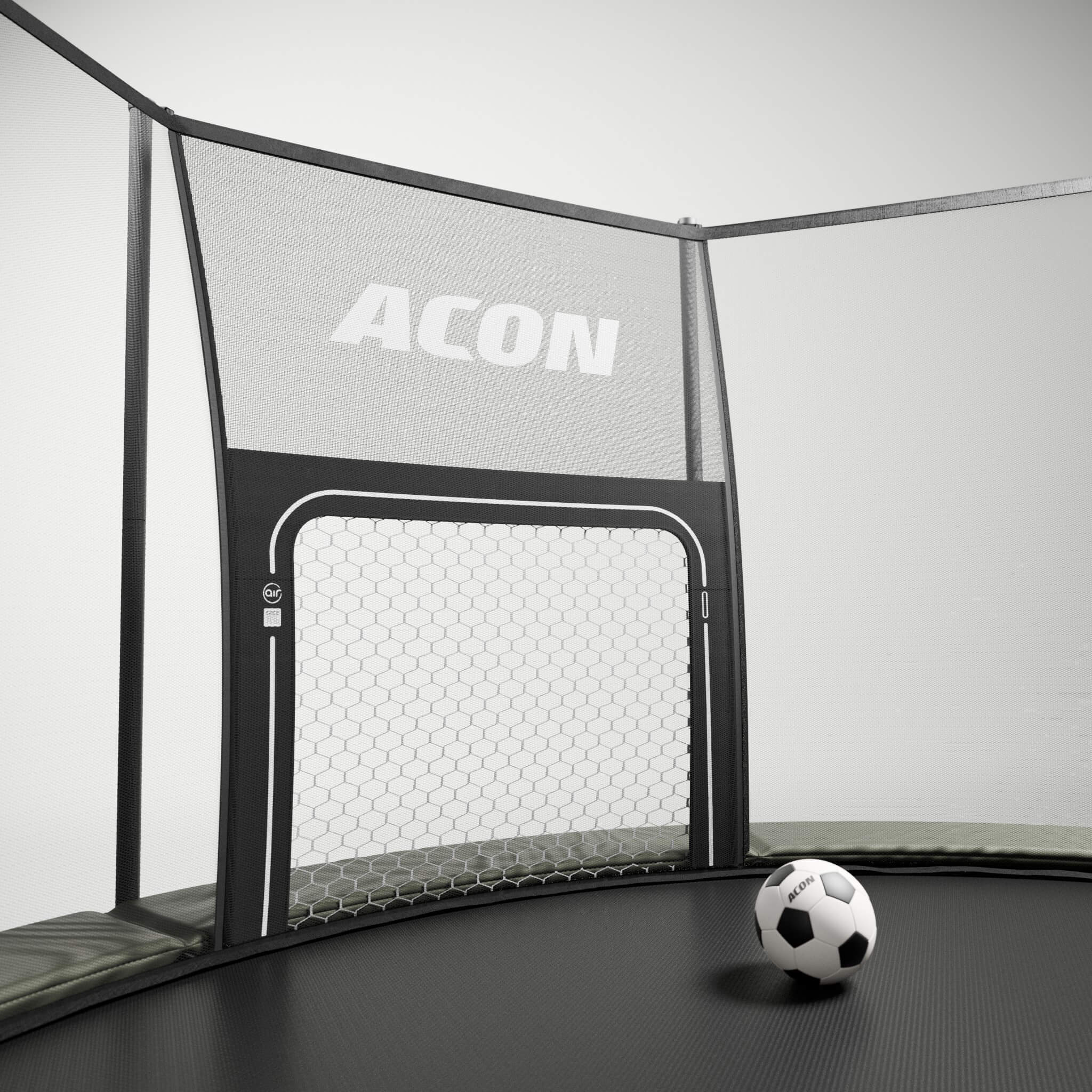 ACON Air but de football ACON Air pour trampolines ronds ACON Air installé sur un trampoline rond ACON Air sur fond gris.