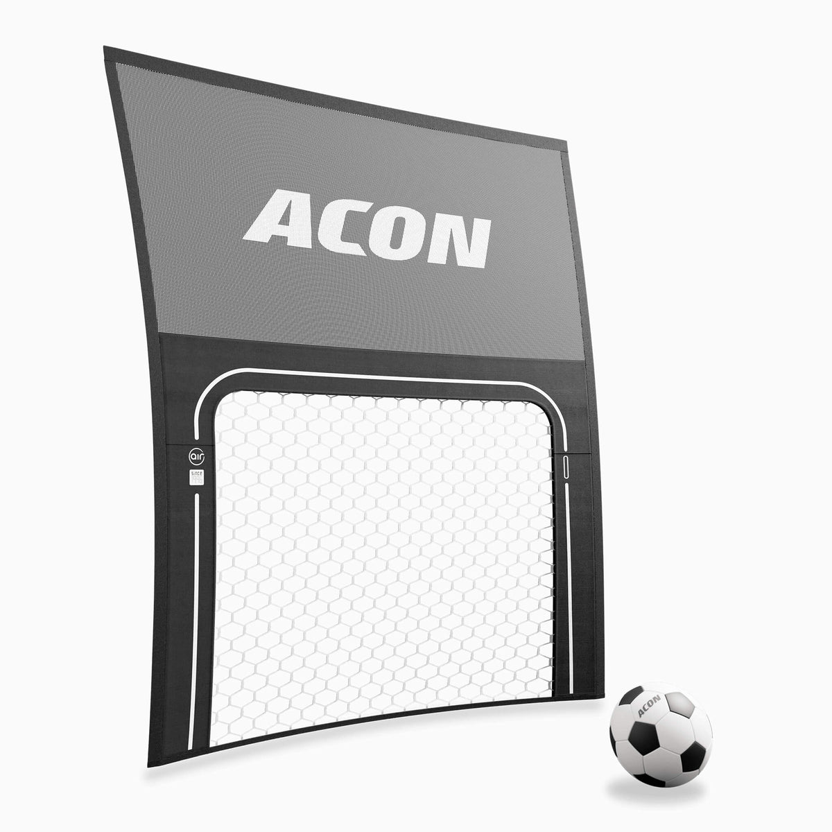 ACON Air but de football ACON Air pour trampolines ronds ACON Air avec ballon sur fond blanc.