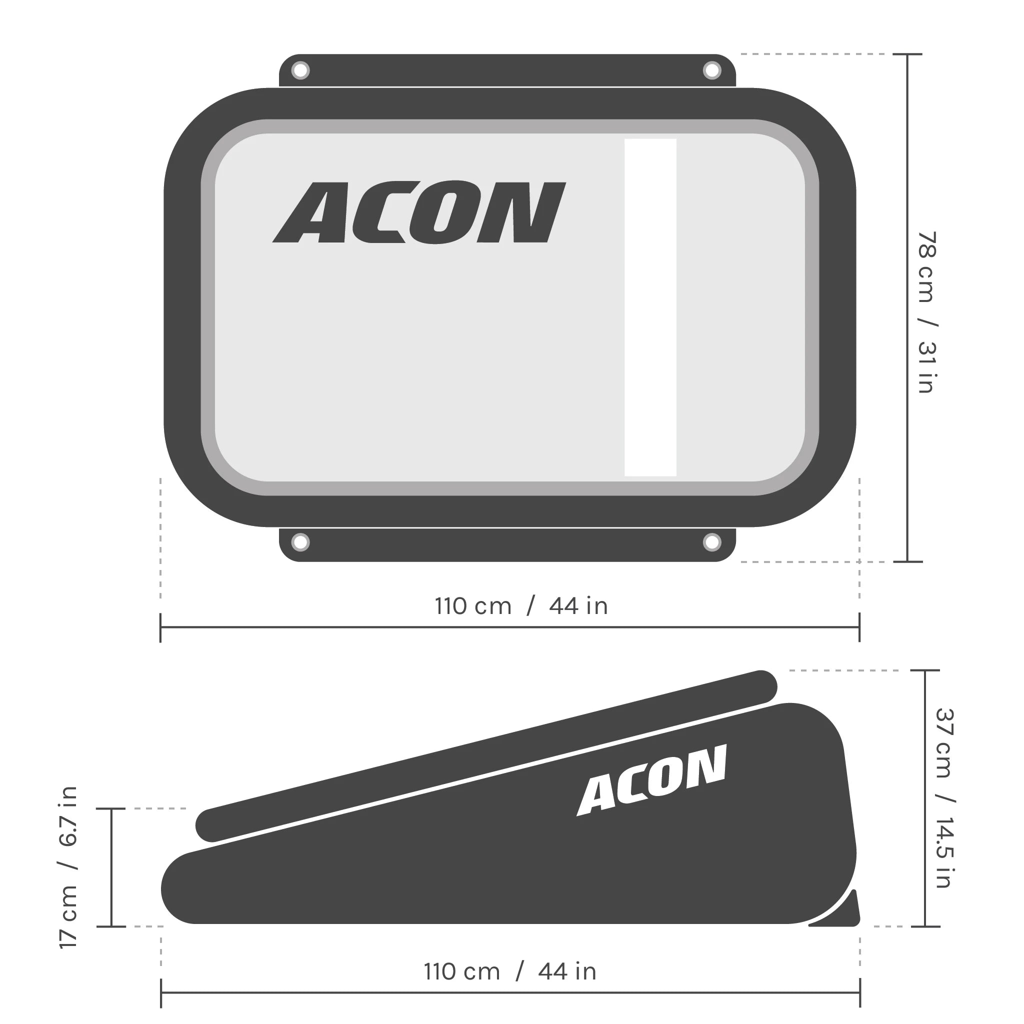 Schéma des dimensions du Acon Airboard : longueur 110 cm, largeur 78 cm et hauteur jusqu’à 37 cm, en cm et pouces.