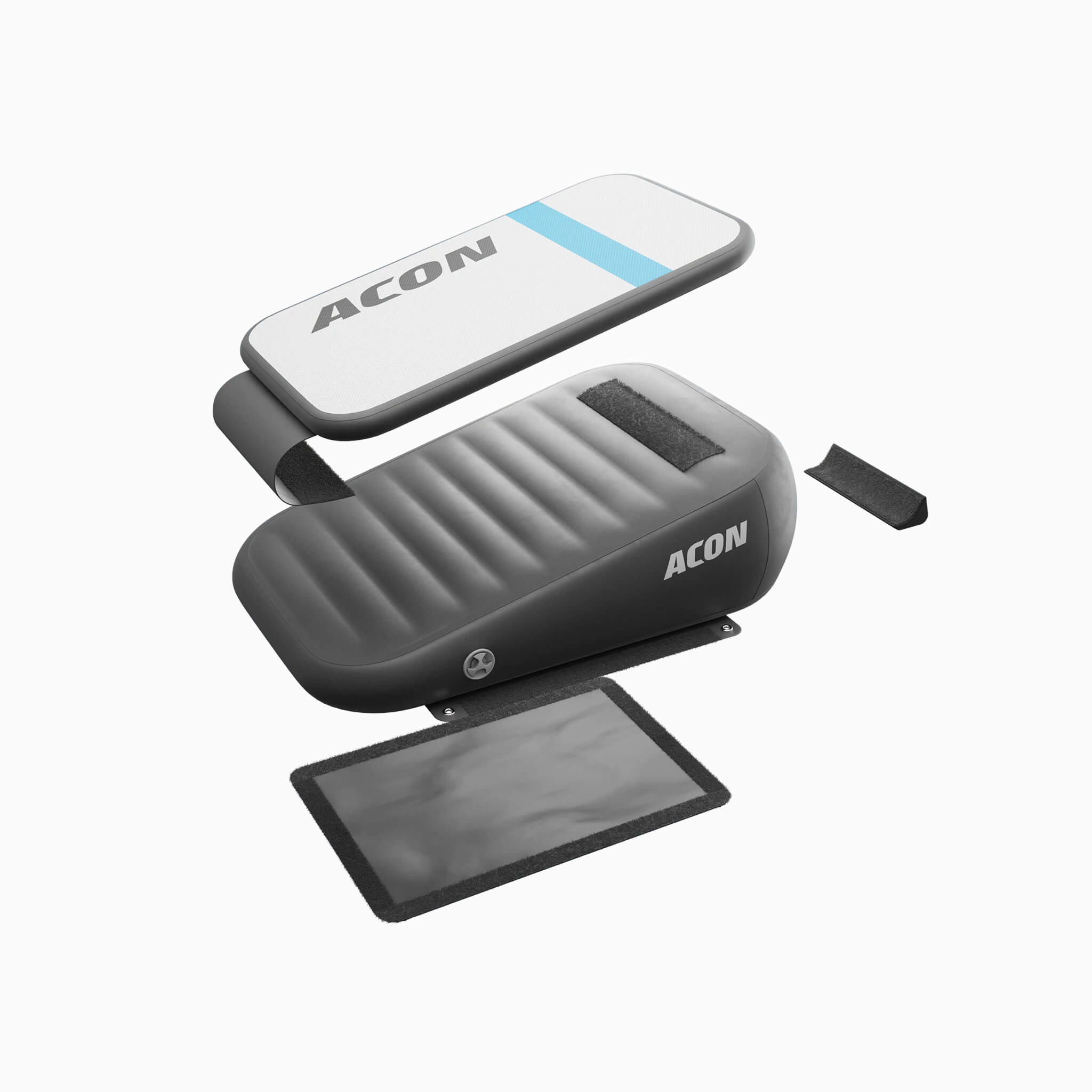 ACON Airboard Vue éclatée du ACON Airboard montrant les différents composants du produit sur fond blanc.