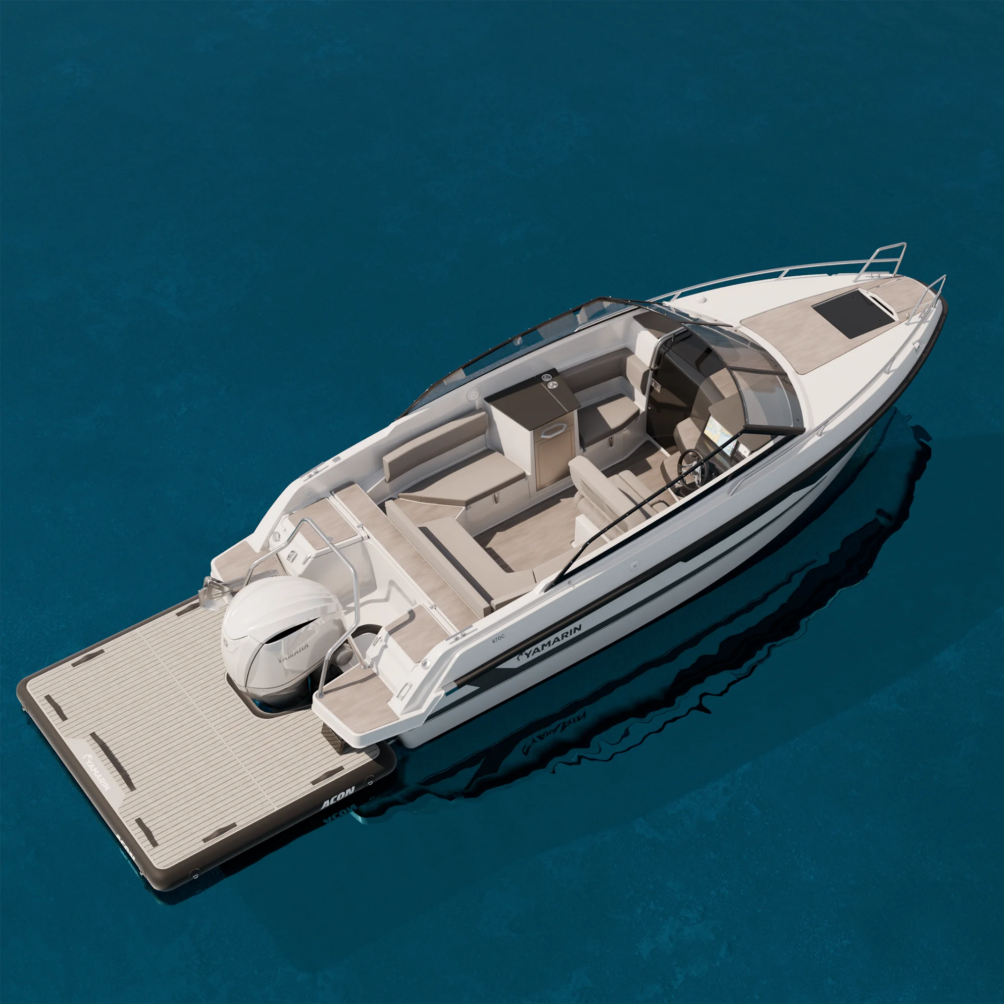 Vue de dessus d’un bateau Yamarin avec un Acon Airdeck fixé à la poupe.