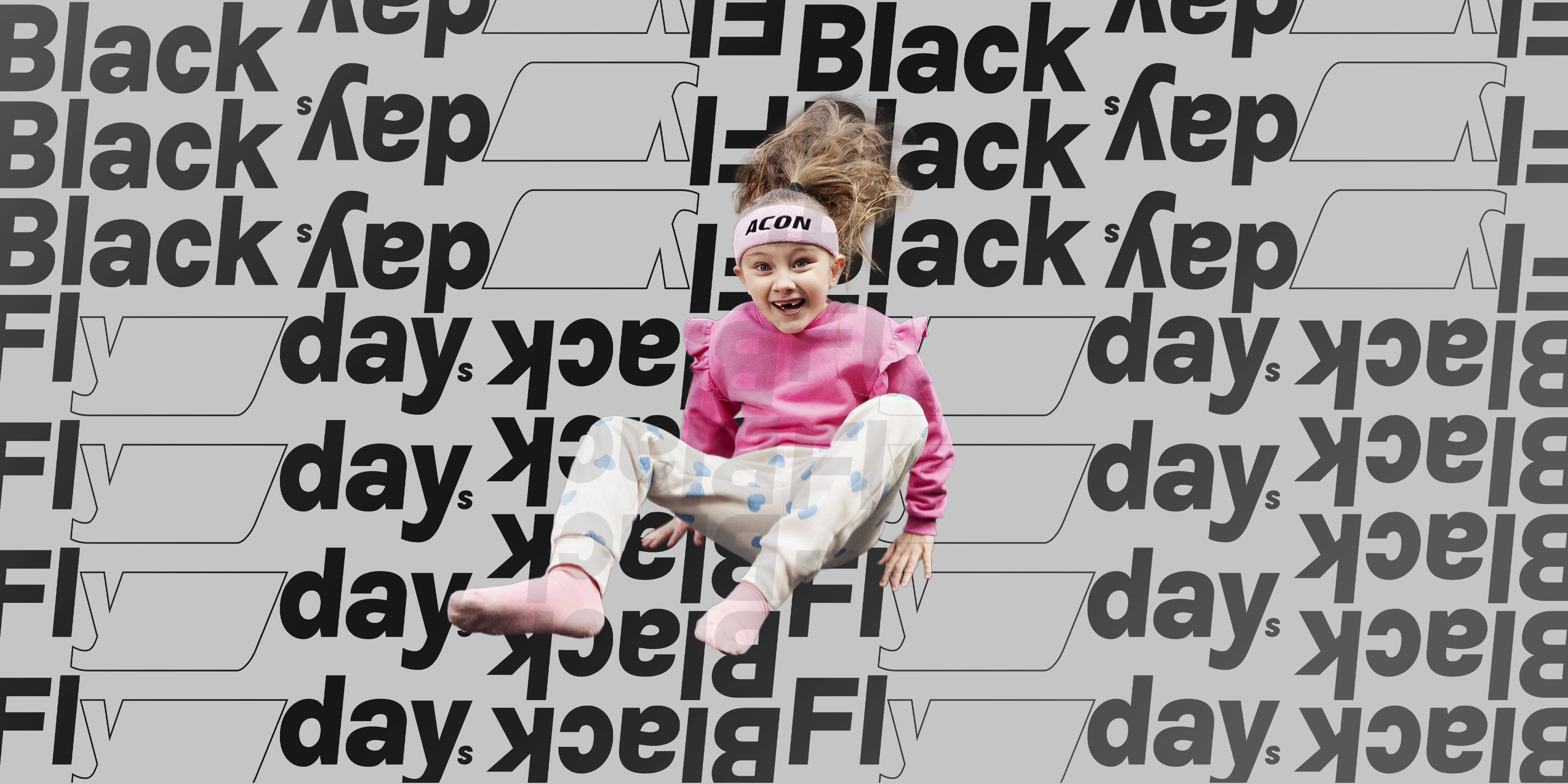 Promo Black Friday trampoline - image de campagne en noir et blanc avec le texte Black Flyday.
