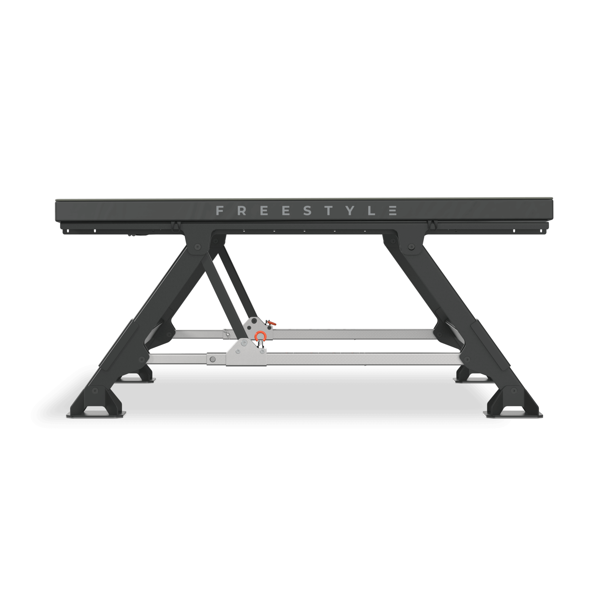 Mini trampoline Acon Freestyle réglé sur son angle horizontal de 0 degré : vue latérale