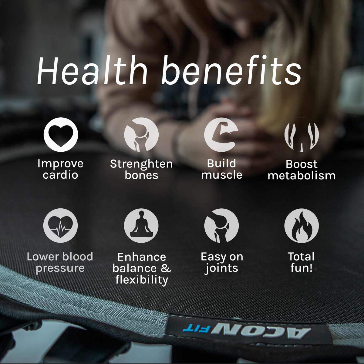 Acon FIT Rebounder - une façon amusante d'obtenir des bienfaits pour la santé du cardio, des os, des muscles, des articulations, de l'équilibre du métabolisme et de la flexibilité.