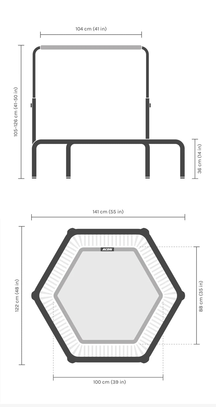 Dimensions du trampoline Acon FIT Balance hexagonal.