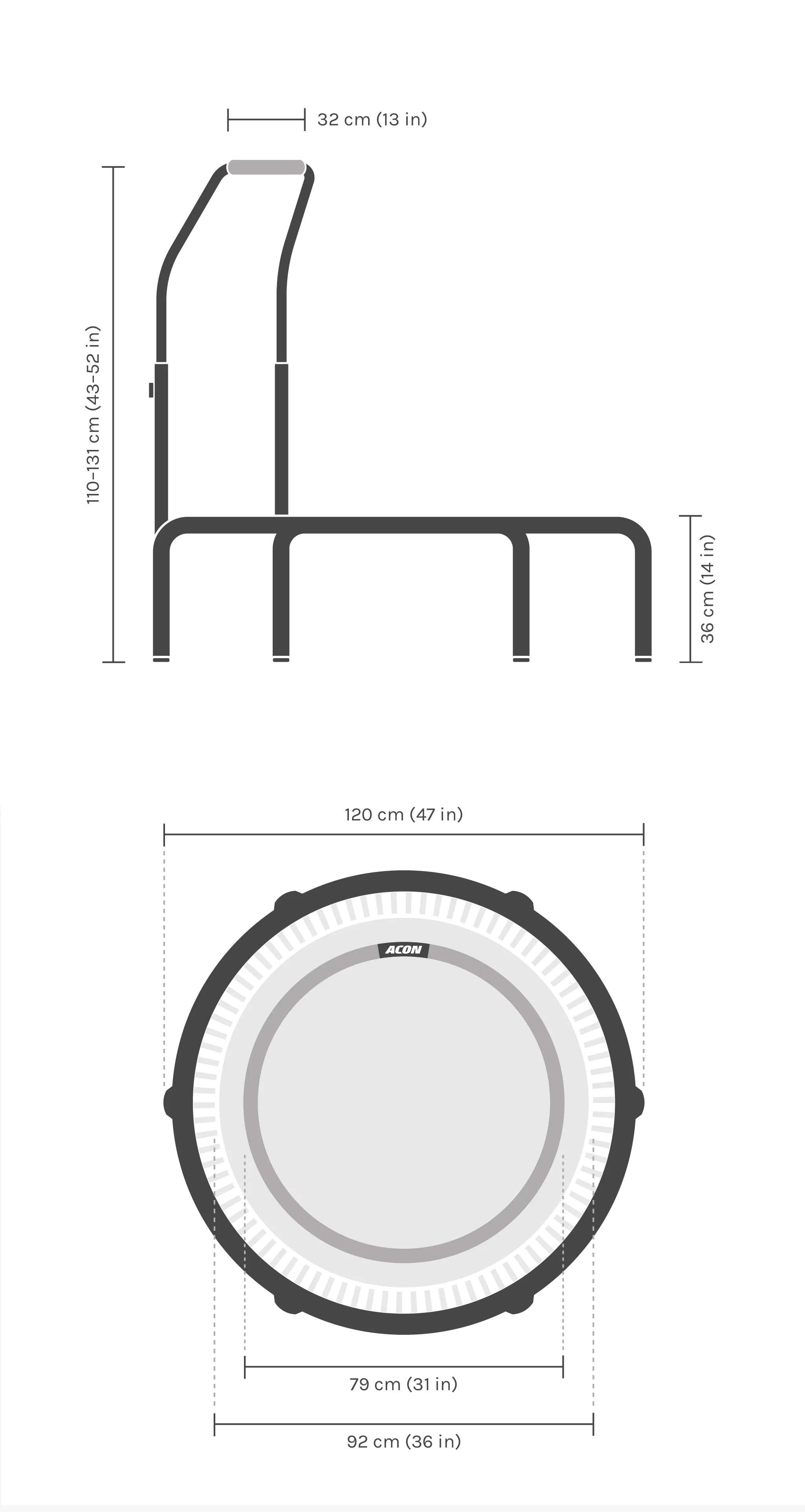 Dimensions du trampoline Acon FIT Active rond.