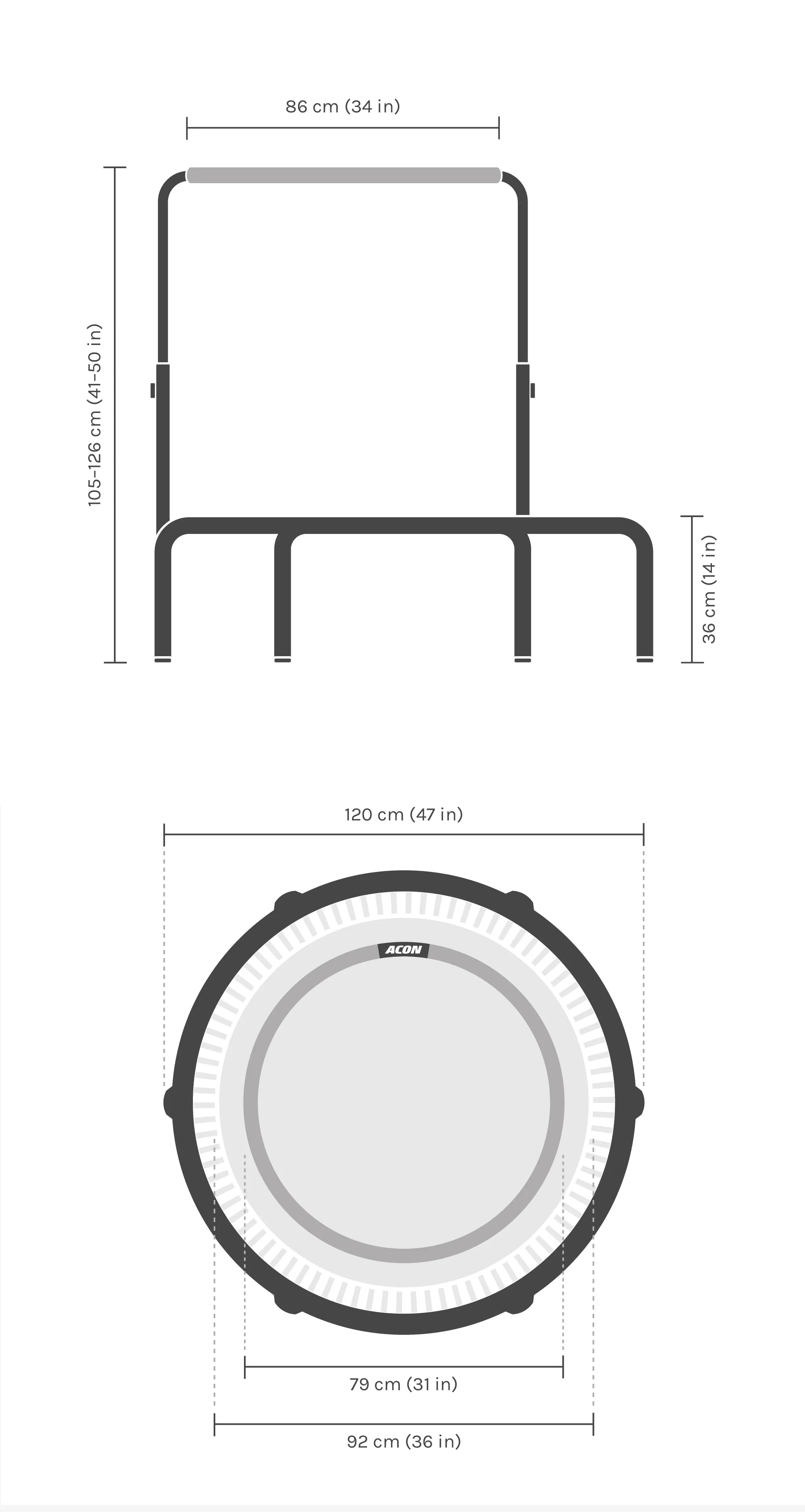 Dimensions du trampoline Acon FIT Balance rond.
