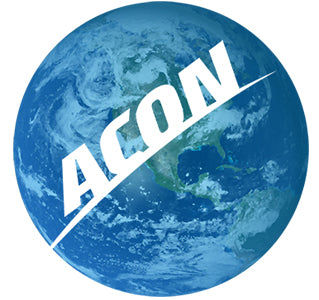 Un logo montrant la planète Terre, dans un ton bleu, avec ACON inscrit en blanc par-dessus 