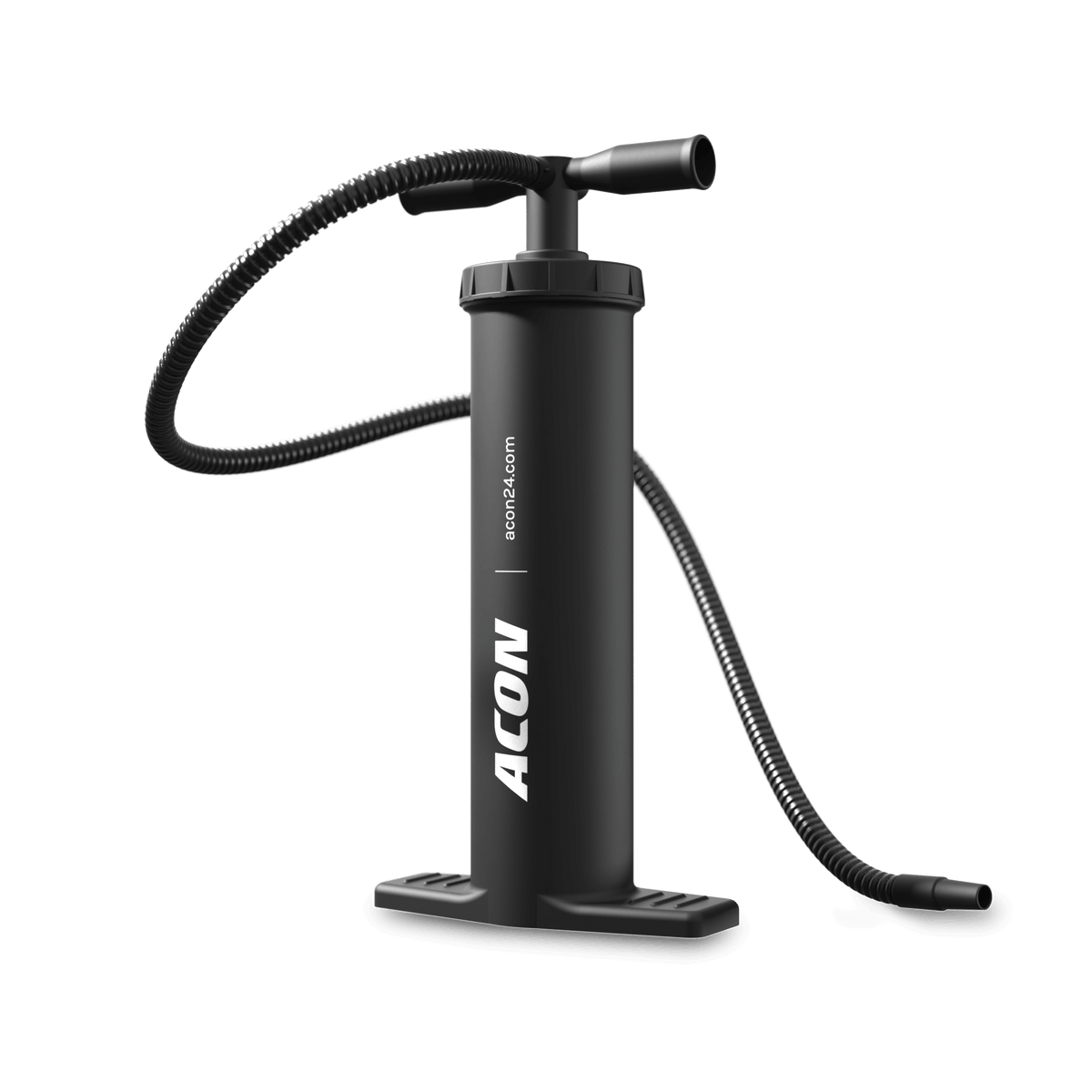 Pompe à air noire Acon pour gonfler une tente de trampoline rectangulaire. La pompe est équipée d’un tuyau flexible et d’une poignée ergonomique conçue pour un gonflage efficace. 