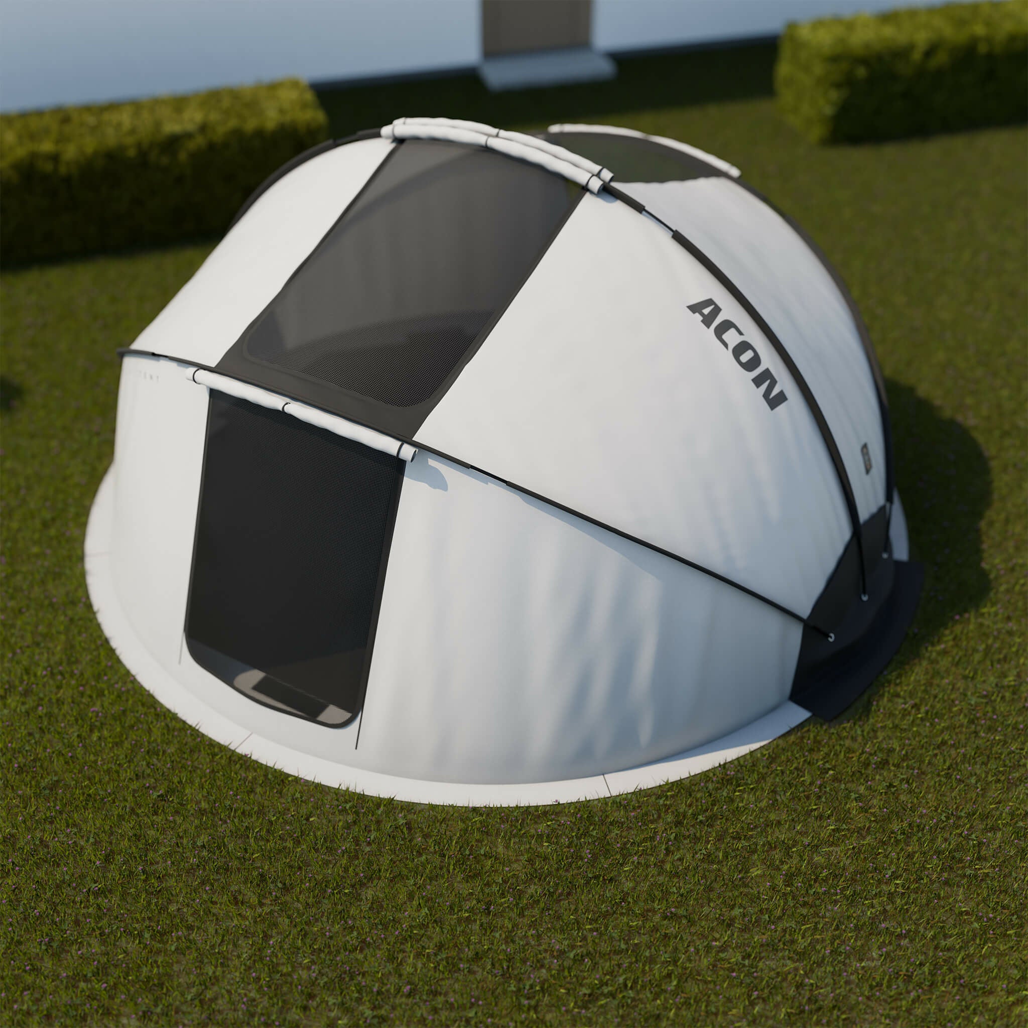 Tente Acon pour trampoline rond assemblée sur l'herbe depuis le haut