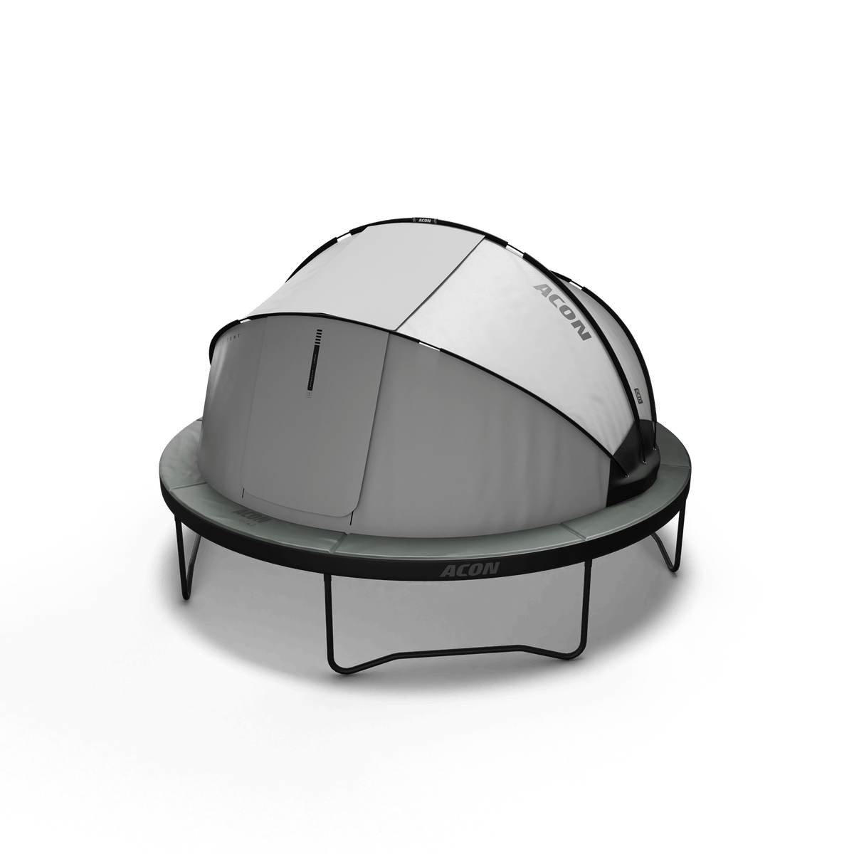 Tente trampoline Acon avec les portes fermées, montée sur le trampoline Acon.