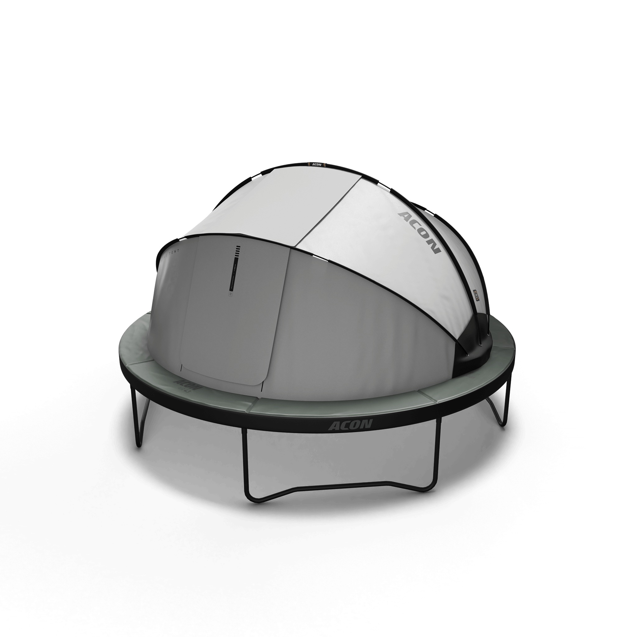 Tente trampoline Acon avec les portes fermées, montée sur le trampoline Acon.