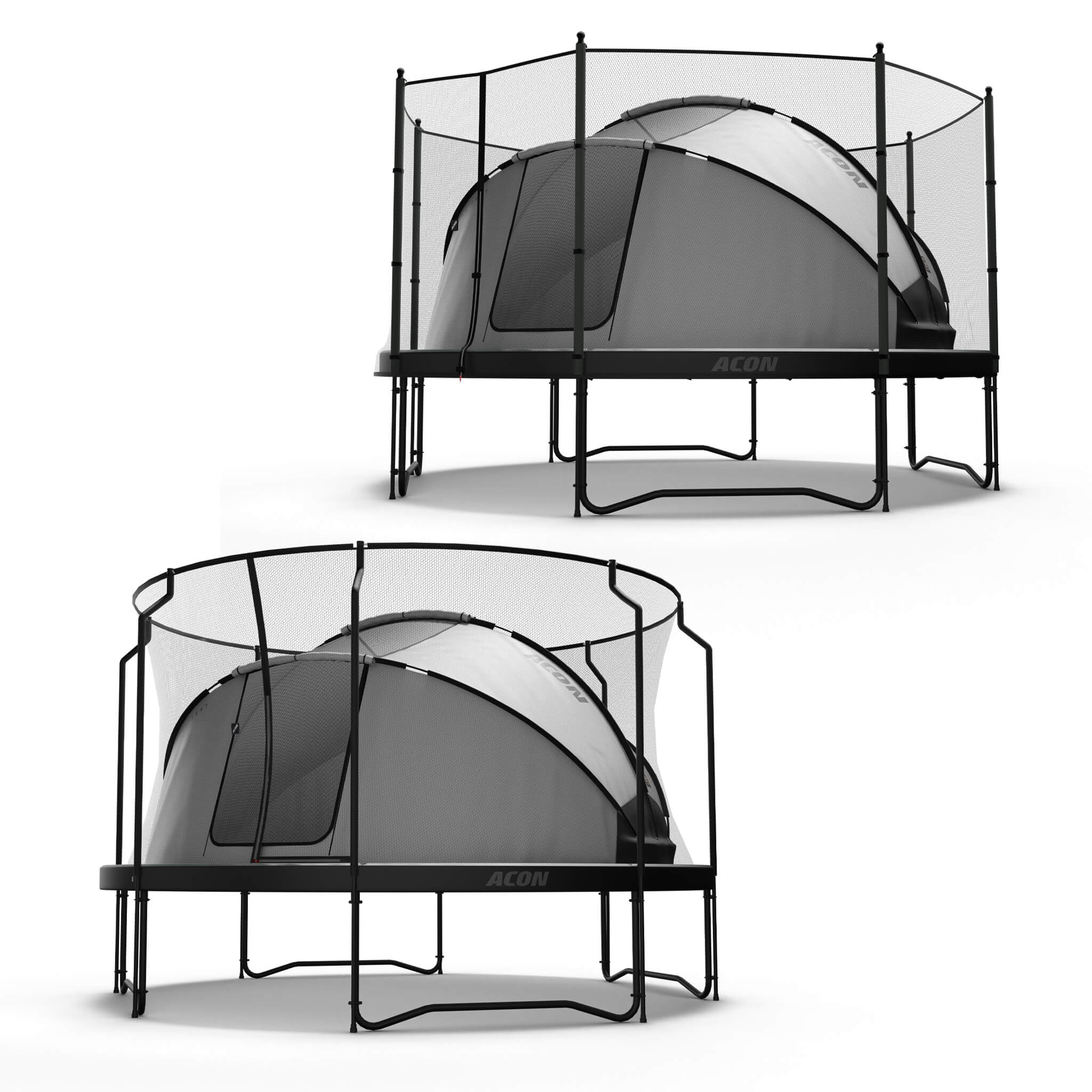 Tente de trampoline Acon installée sur un trampoline Acon avec filet de sécurité Premium et sur un trampoline Acon avec filet de sécurité Standard.