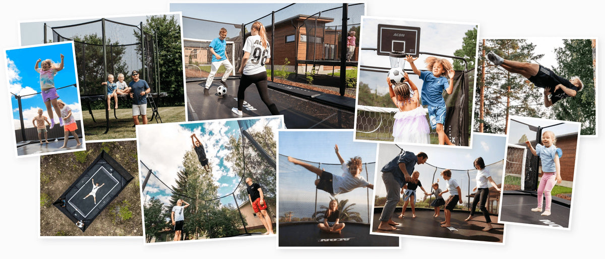 Collage de personnes profitant de trampolines Acon dans leur jardin, entre sauts, jeux et activités en famille.