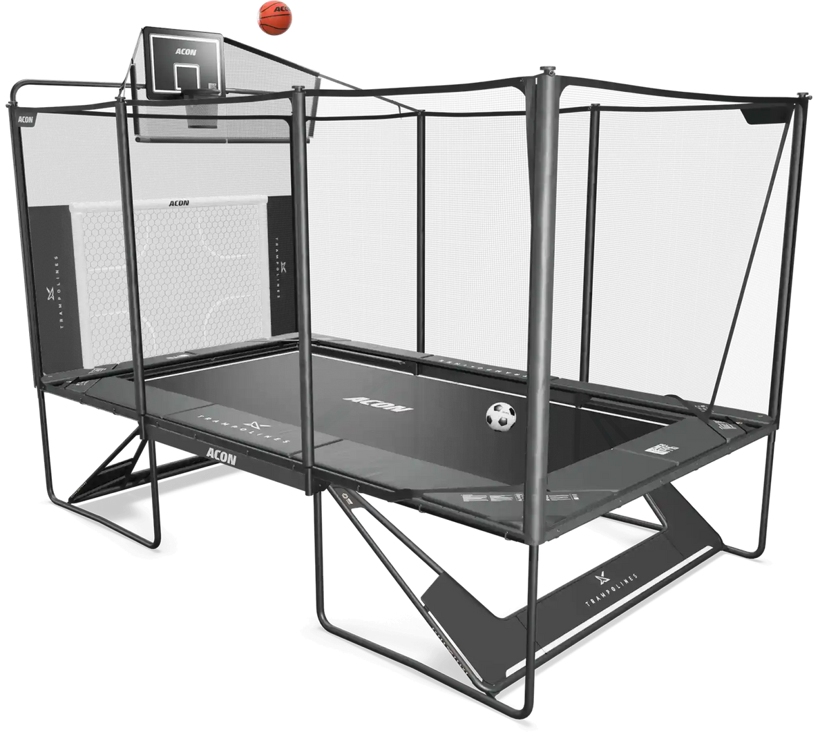 Trampoline Acon X avec accessoires panier de basket et but de football.