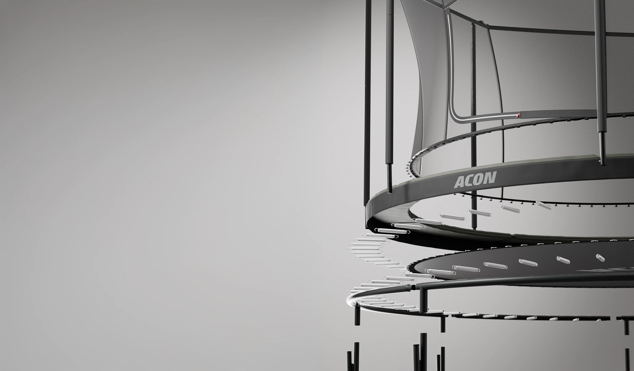 Détail d’une vue éclatée du trampoline Acon Air montrant ses pièces séparées.