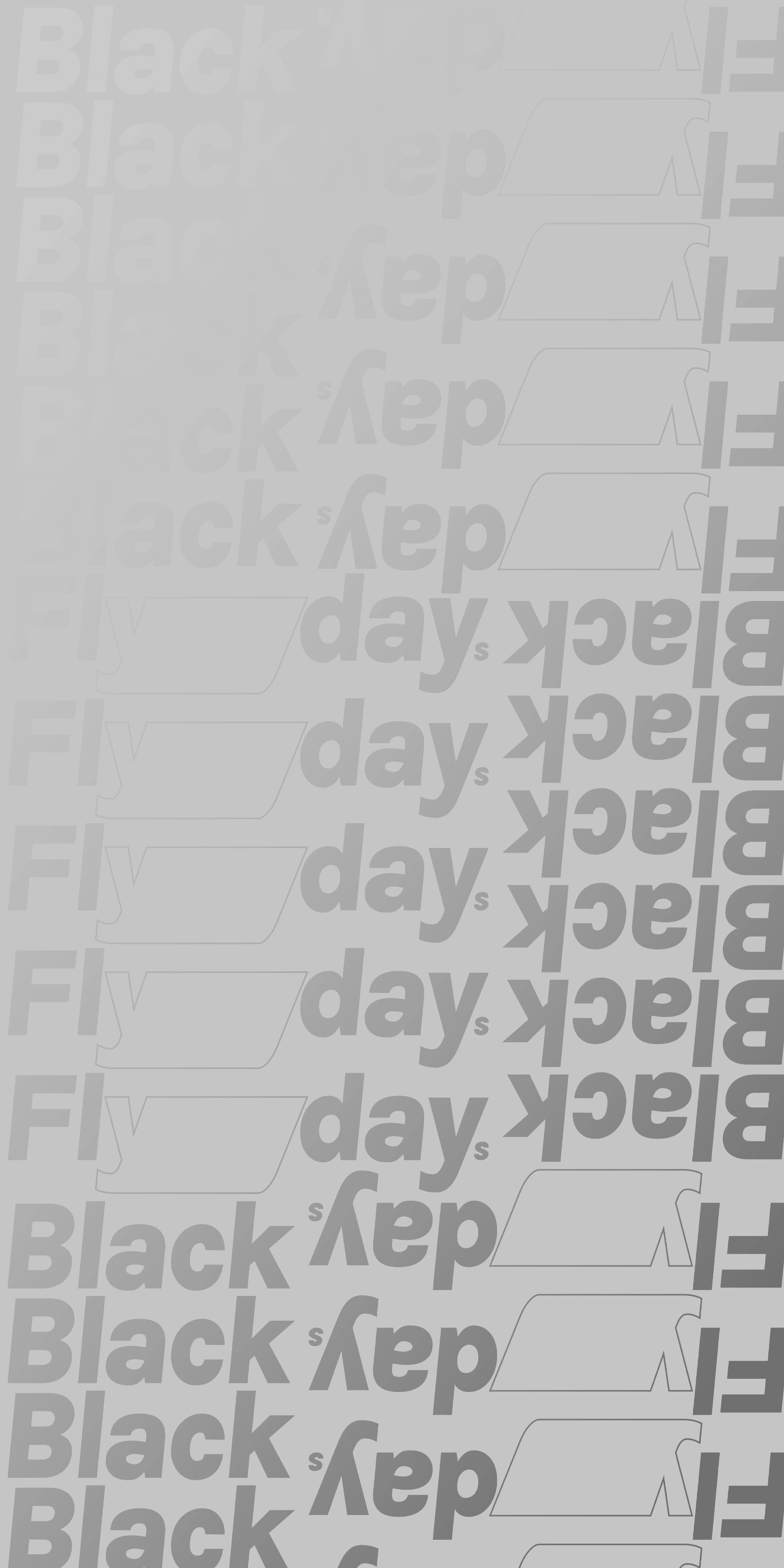 Fond gris avec texte Black Flydays en dégradé répété. 