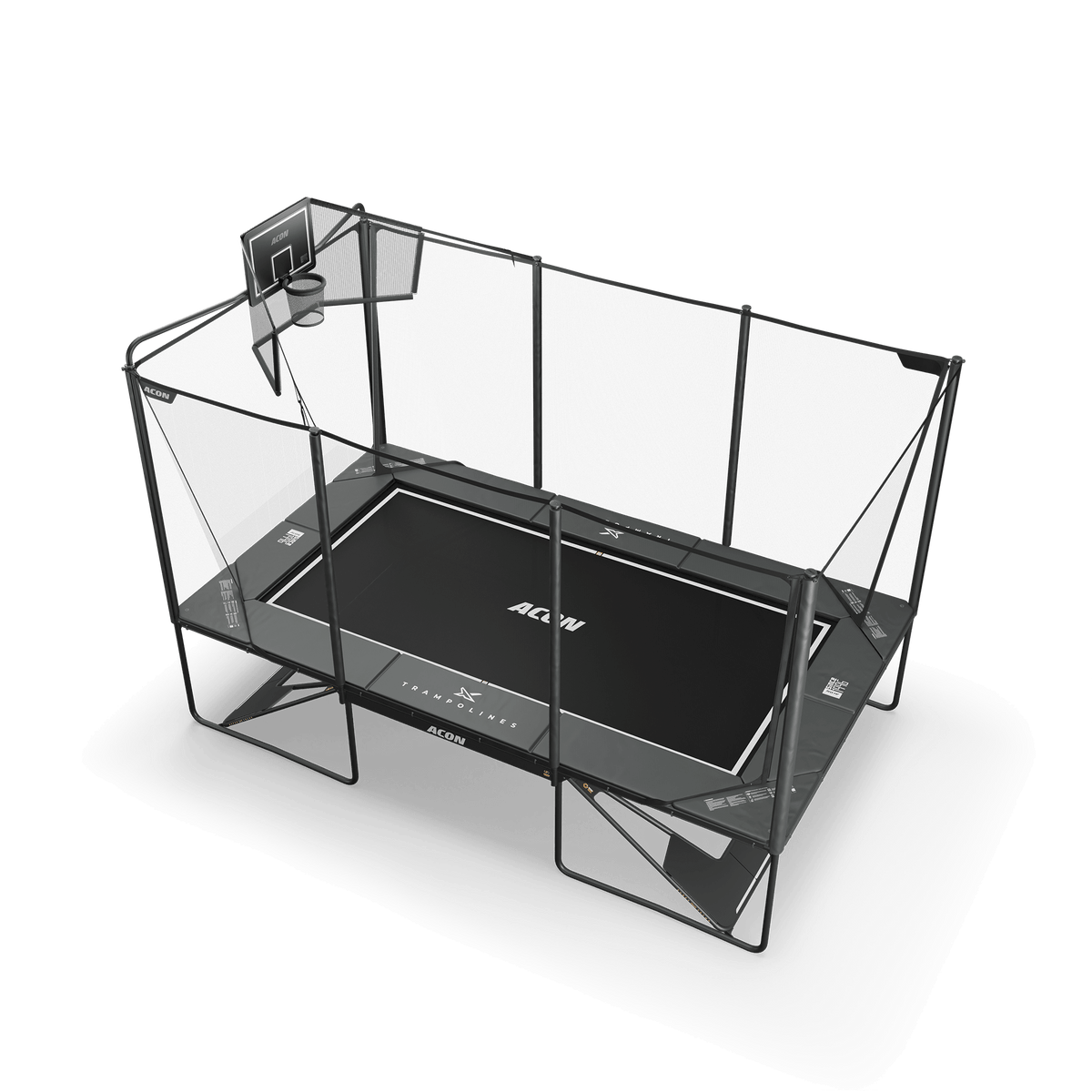 Trampoline rectangulaire Acon X 17ft avec panier de basket Acon X et filet arrière.