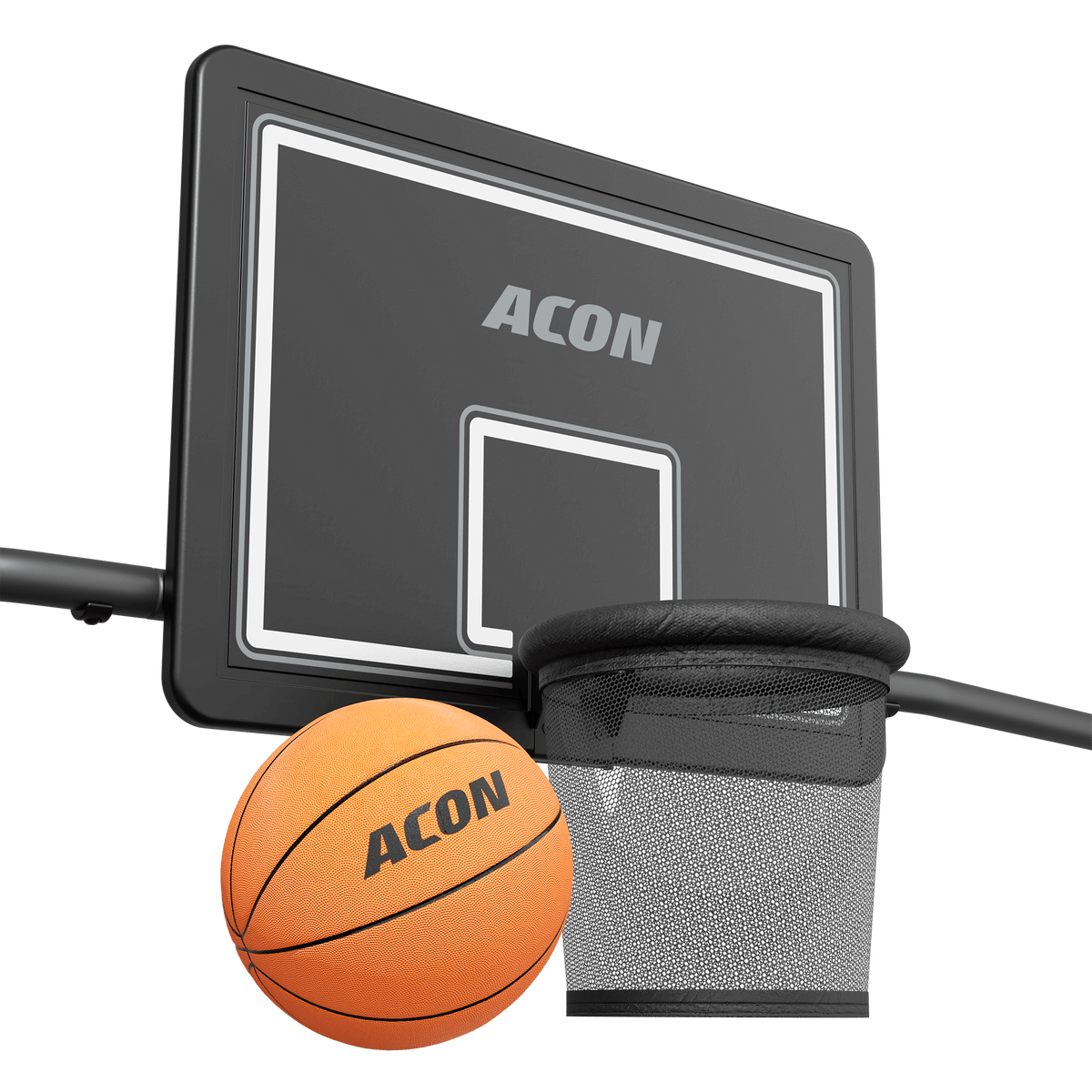 Gros plan sur le panier de basket du trampoline Acon X et sur le ballon de basket.