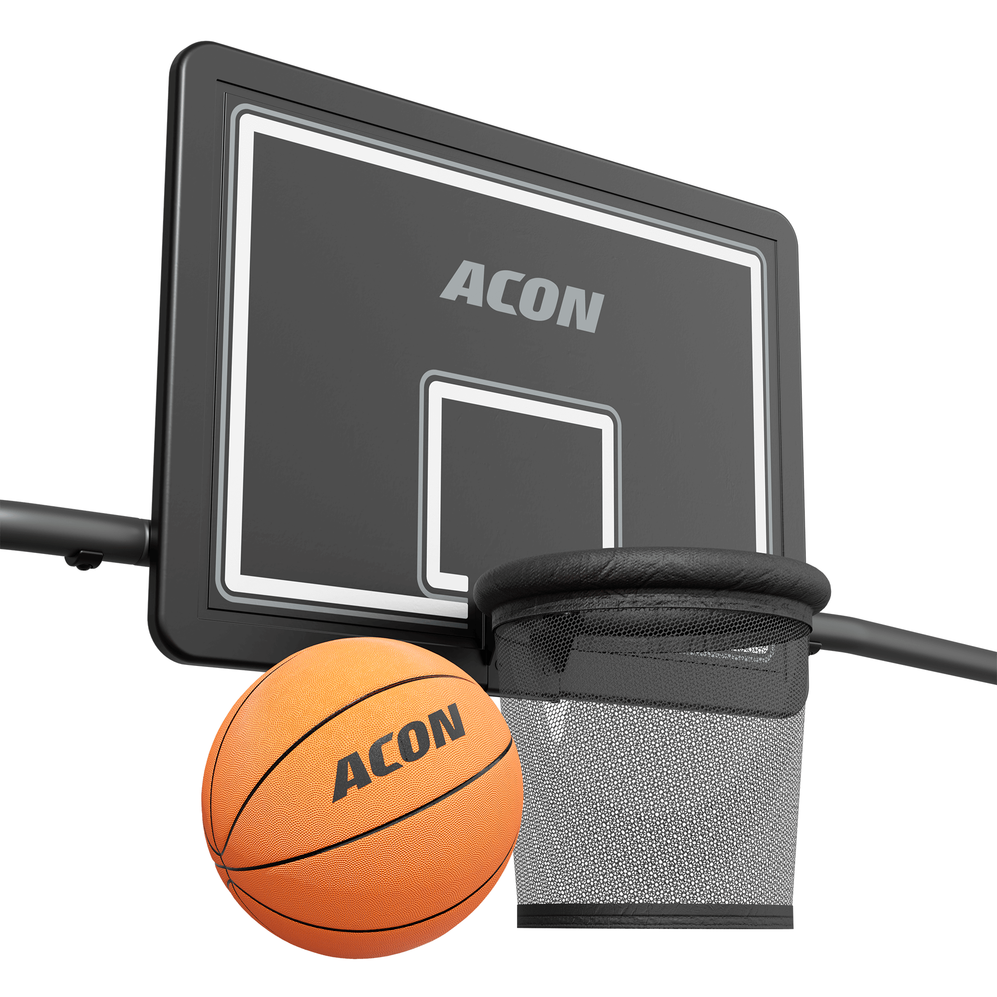Gros plan sur le panier de basket du trampoline Acon X et sur le ballon de basket.