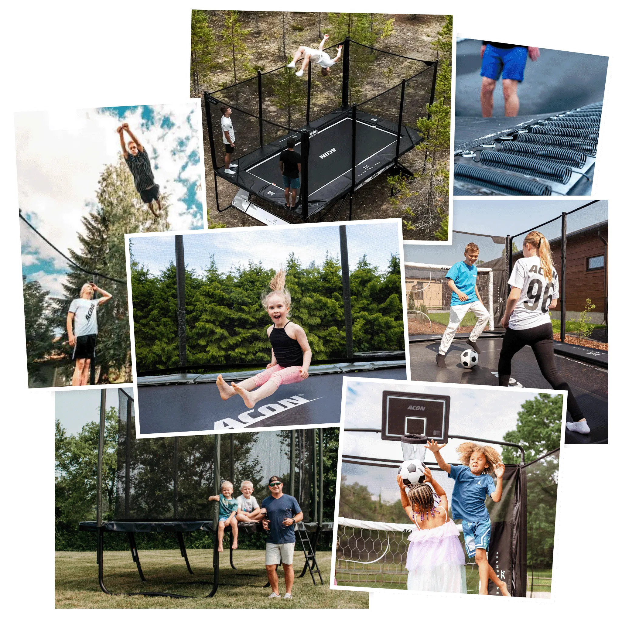 Collage de personnes profitant de trampolines Acon dans leur jardin, entre sauts, jeux et activités en famille.