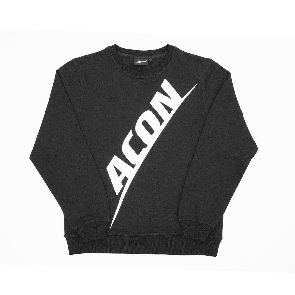 Sweat-shirt ACON noir plié vu de face sur fond blanc.