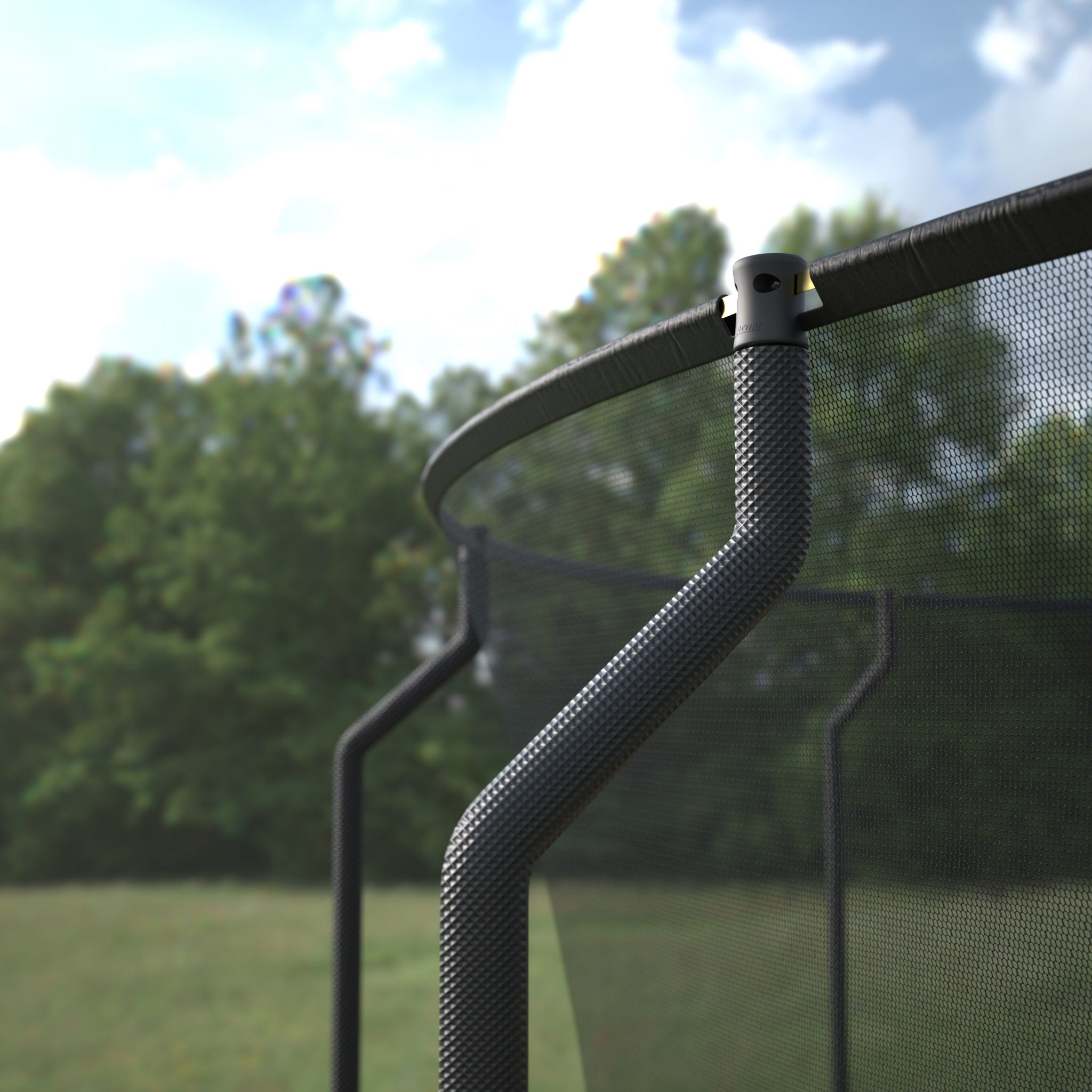 Trampoline ACON Air 4,3m avec Premium Enclosure, détail poteaux et connecteur supérieur.